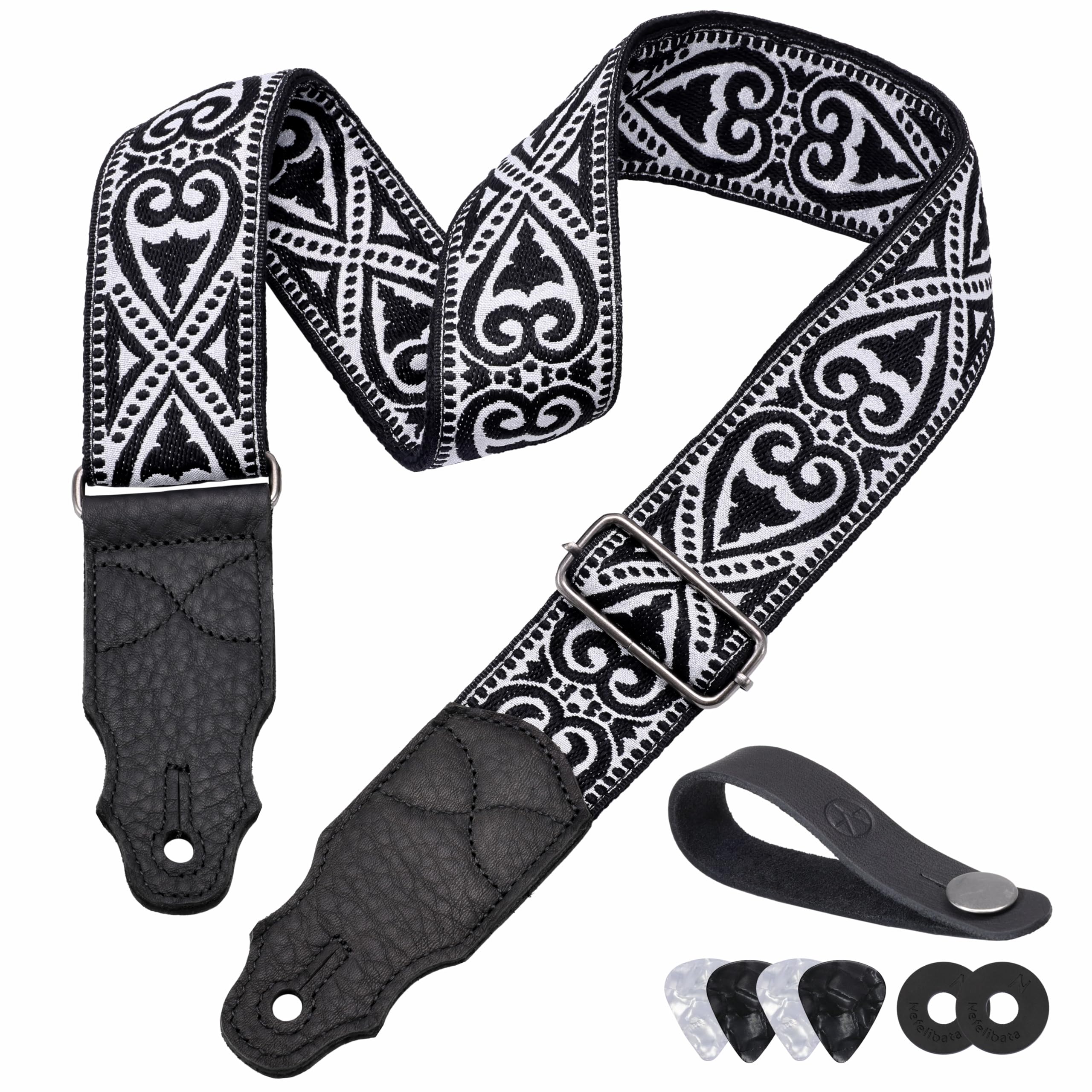 YIKOKO Guitar Strap, Head Layer Cowhide Leather End, 2 Inches Wide, for Acoustic and Bass Electric Guitars, Free Button, 2 Strap Locks and 4 Guitar Picks