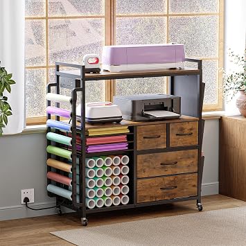 VEDECASA Large Craft Storage Rolling Cart for Cricut Machine, Craft Organizer Trolley with Fabric Drawers, Vinyl Roll Holder, Crafts Table Storage for Home Crafting Station, Art Class Supplies,Brown