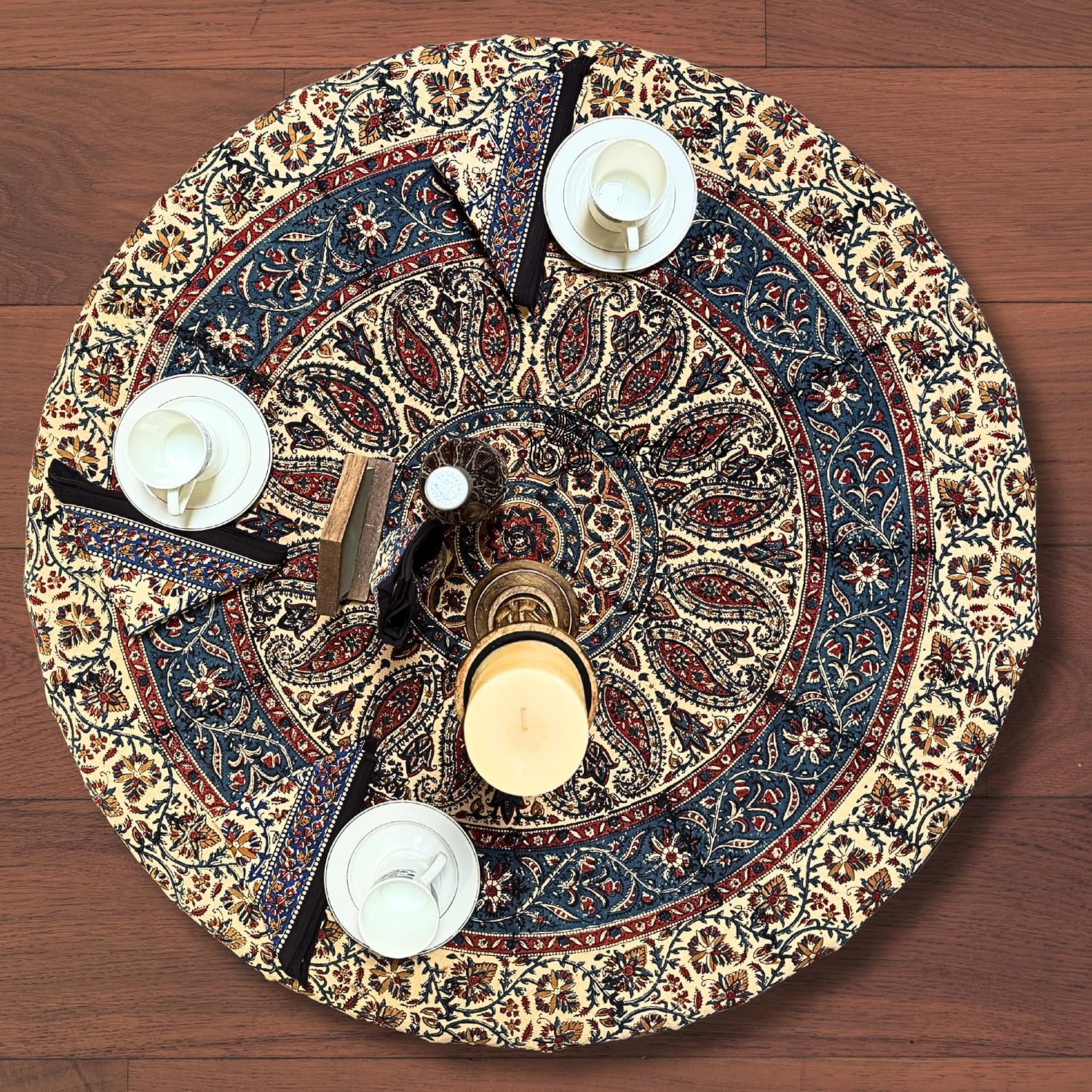 Sweet Us Vintage Paisley Floral Cotton Block Print Tablecloth and One Gray Napkin, Floral Kitchen Dining Table Cloth, Table Cover for Indoor and Outdoors, Tranquil Sand, 72-in Round