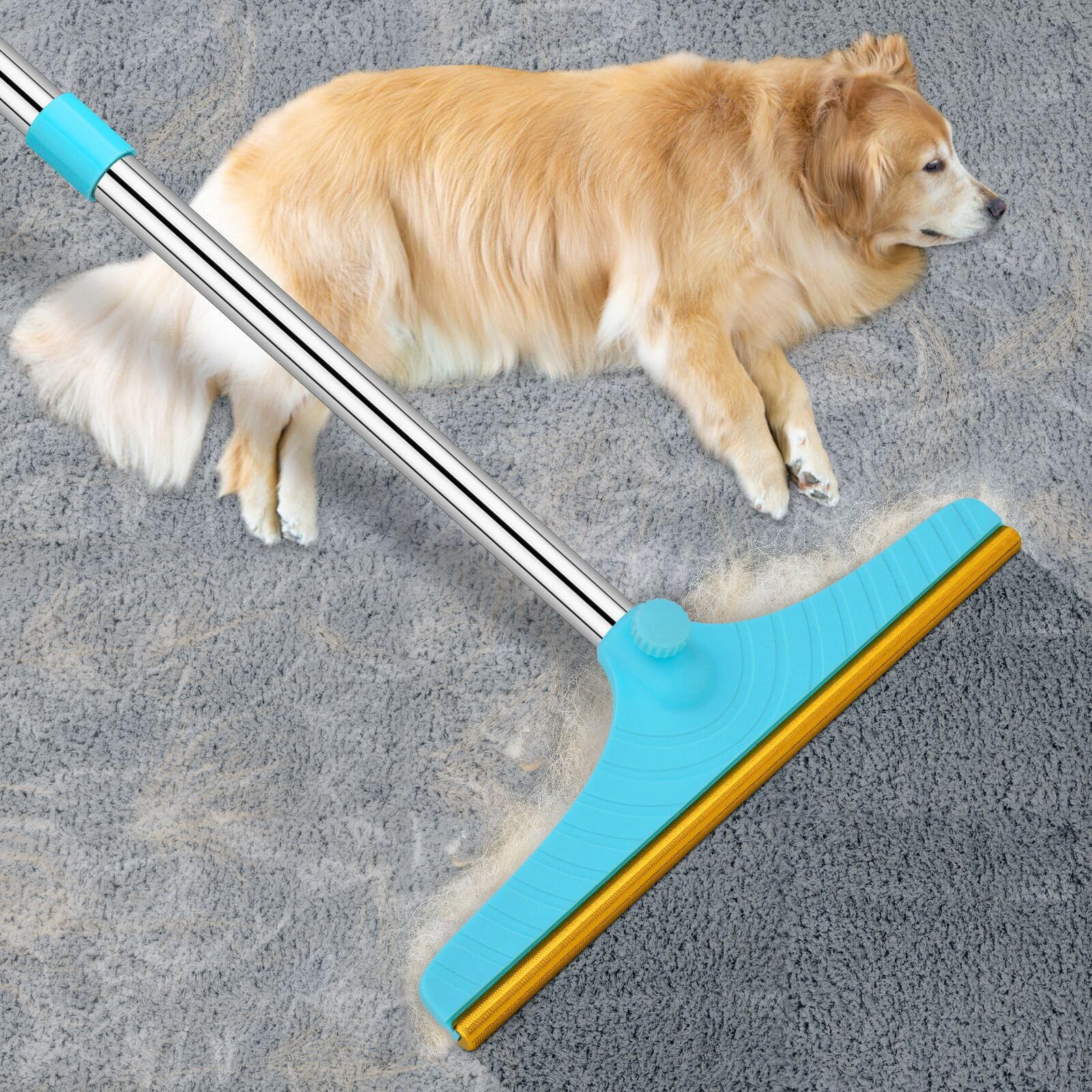 Carpet Rake for Pet Hair Removal - Pet Hair Remover Set of 2, Reusable 60” Adjustable Long Handle Cat Dog Carpet Rake Scraper with Patented Design, Dog Hair Rake Brush for Rugs, Mats
