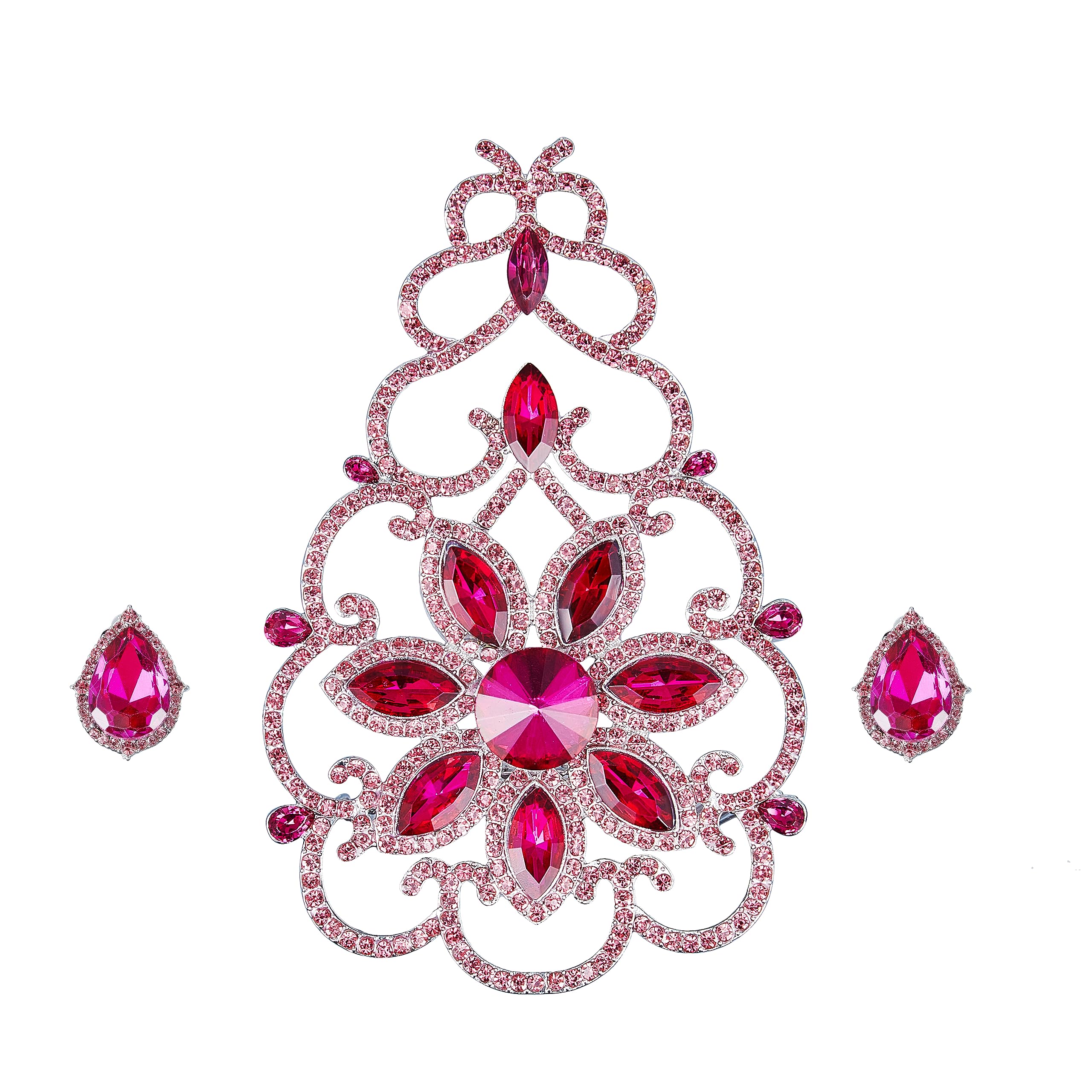 ROFIFY Vintage Pink Party Costume Tiara and Earrings Large Size for Women Princess Audrey Style Premium Inspired by Breakfast at Tiffany's