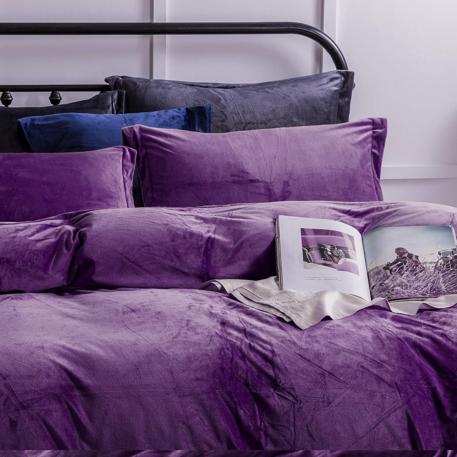 NTBAY Velvet King Duvet Cover Set, 3 Pieces Zippered Flannel Comforter Cover Set, Purple