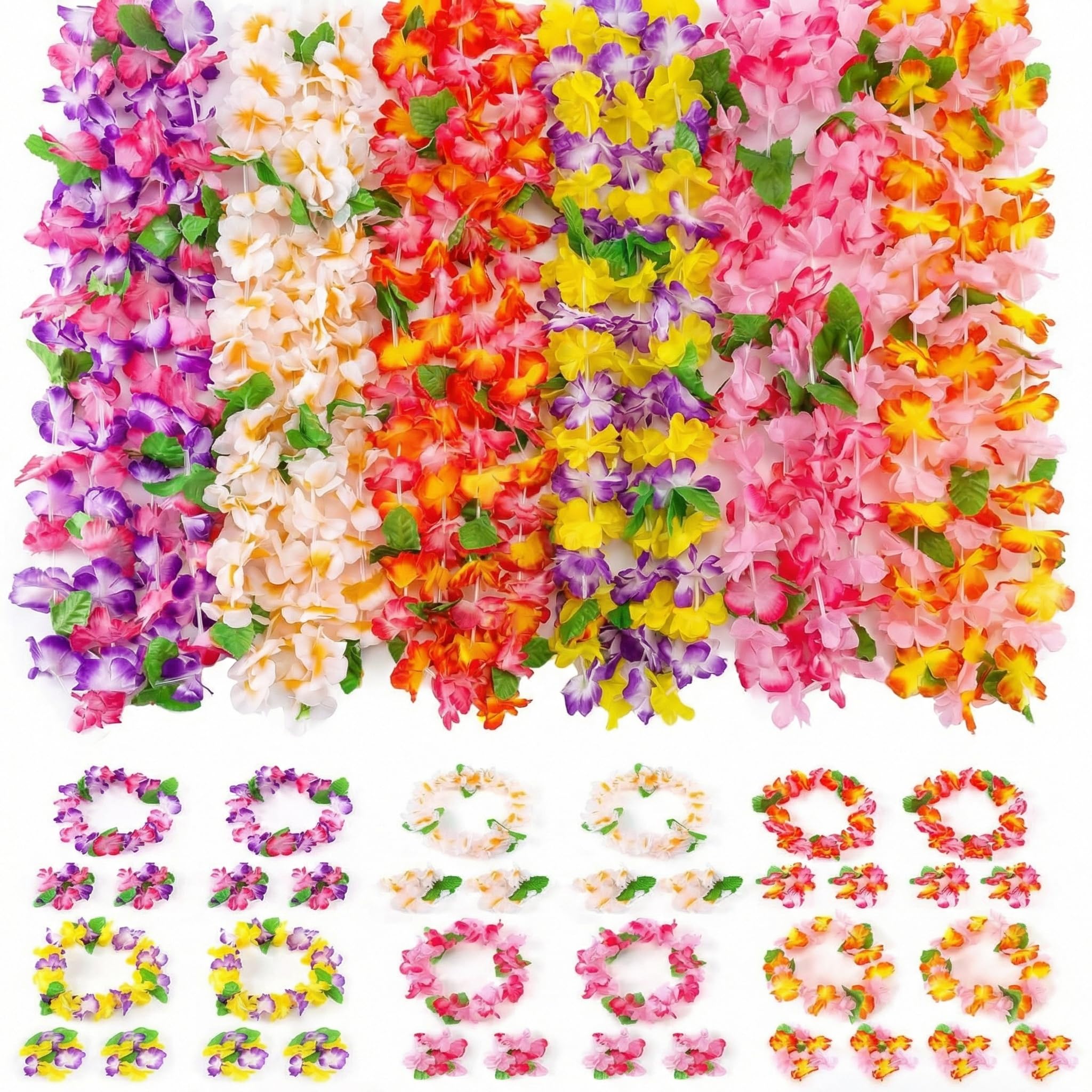 FUTUREPLUSX 48 PCS Leis for Luau Party decorations, Hawaiian Leis Tropical Hawaiian Bulk Including Colorful Flower Necklace Headbands and Wristbands for Hula Dance Party Tropical Summer Beach Theme