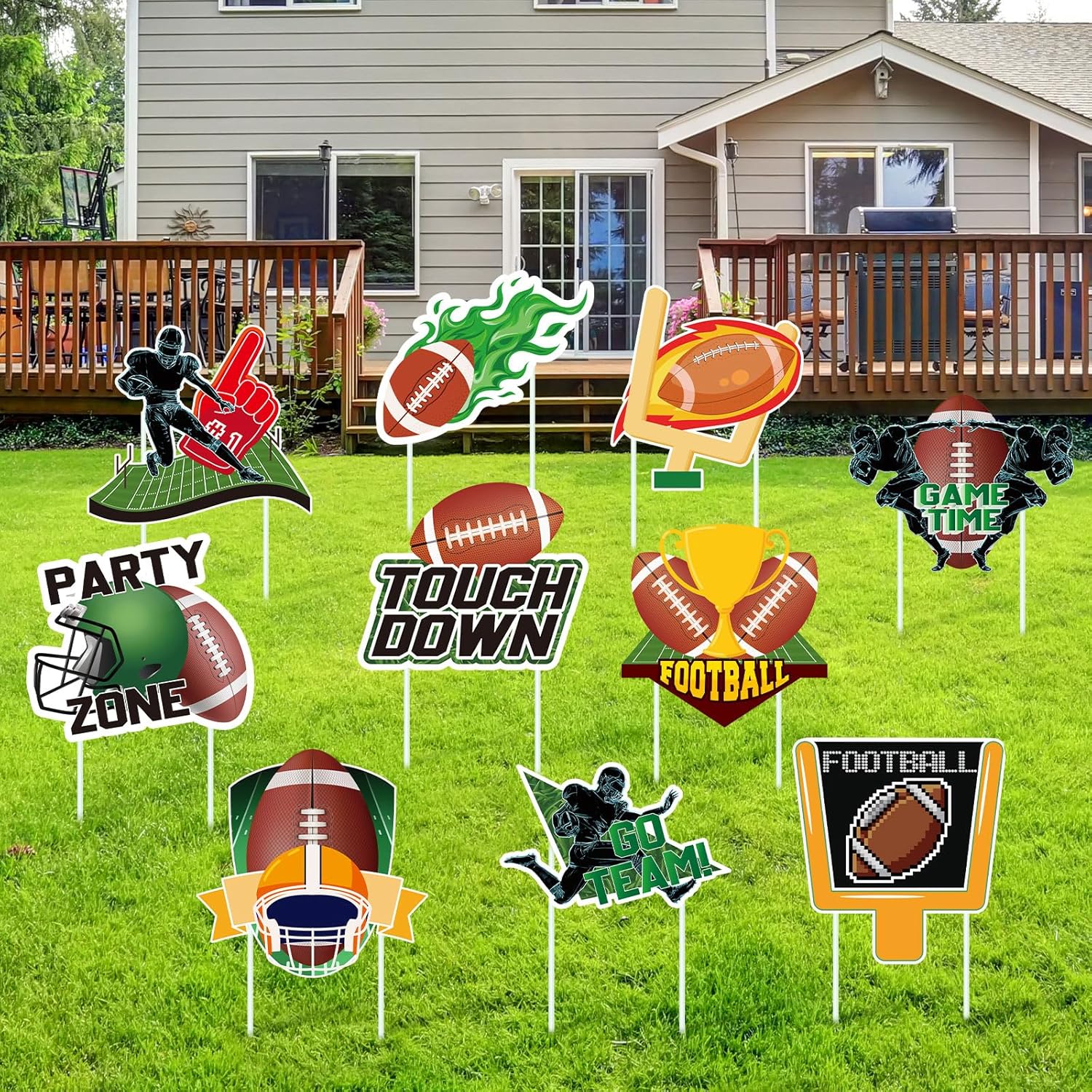 DoubleFill 10 Pcs Football Yard Sign with Stakes Sports Yard Decorations Footballs Outdoor Lawn Decorations Sign for Sports Themed Birthday Baby Shower Game Day Team School Practice Party Supplies