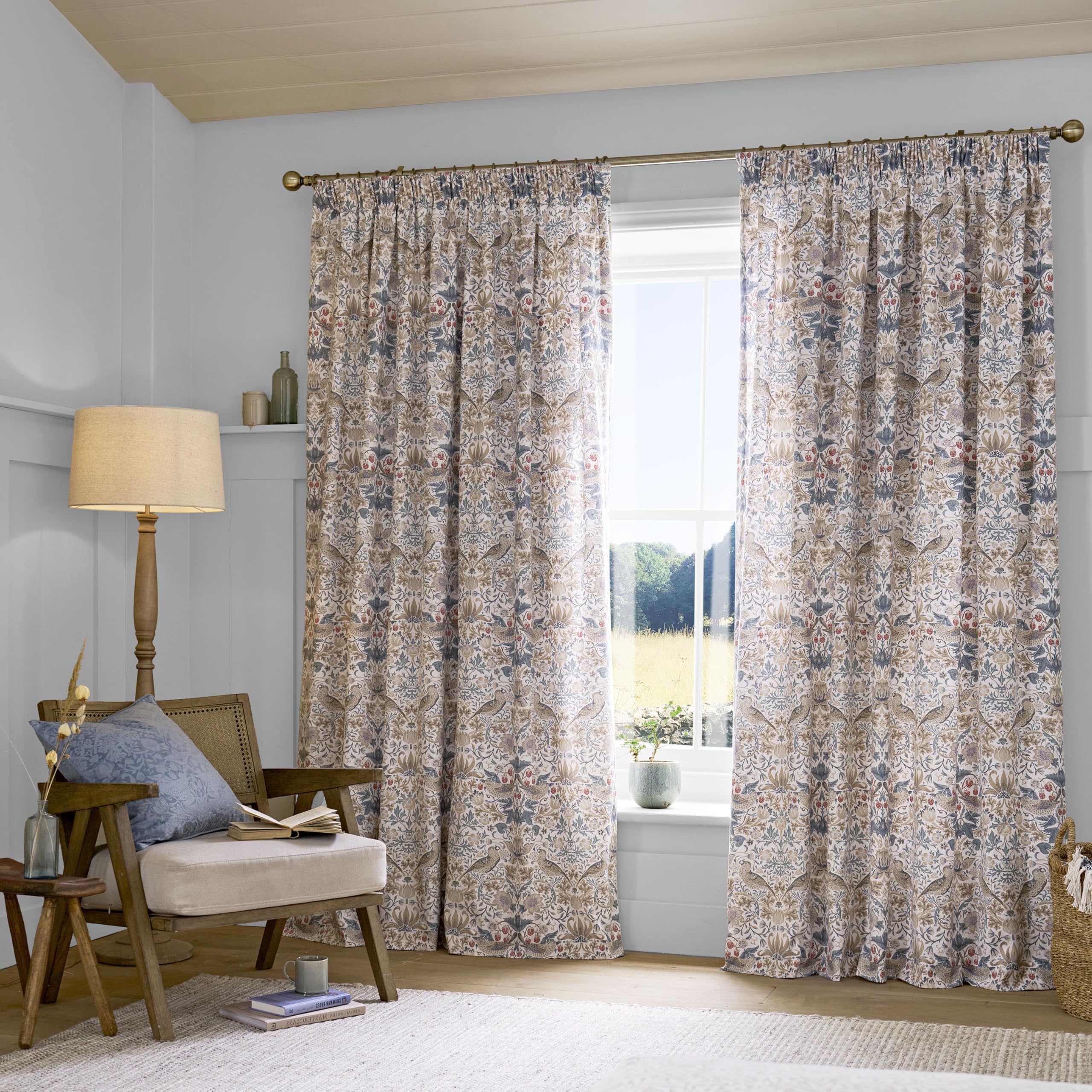 William Morris At Home Pencil Pleat Curtains Strawberry Thief Hessian, 66x54