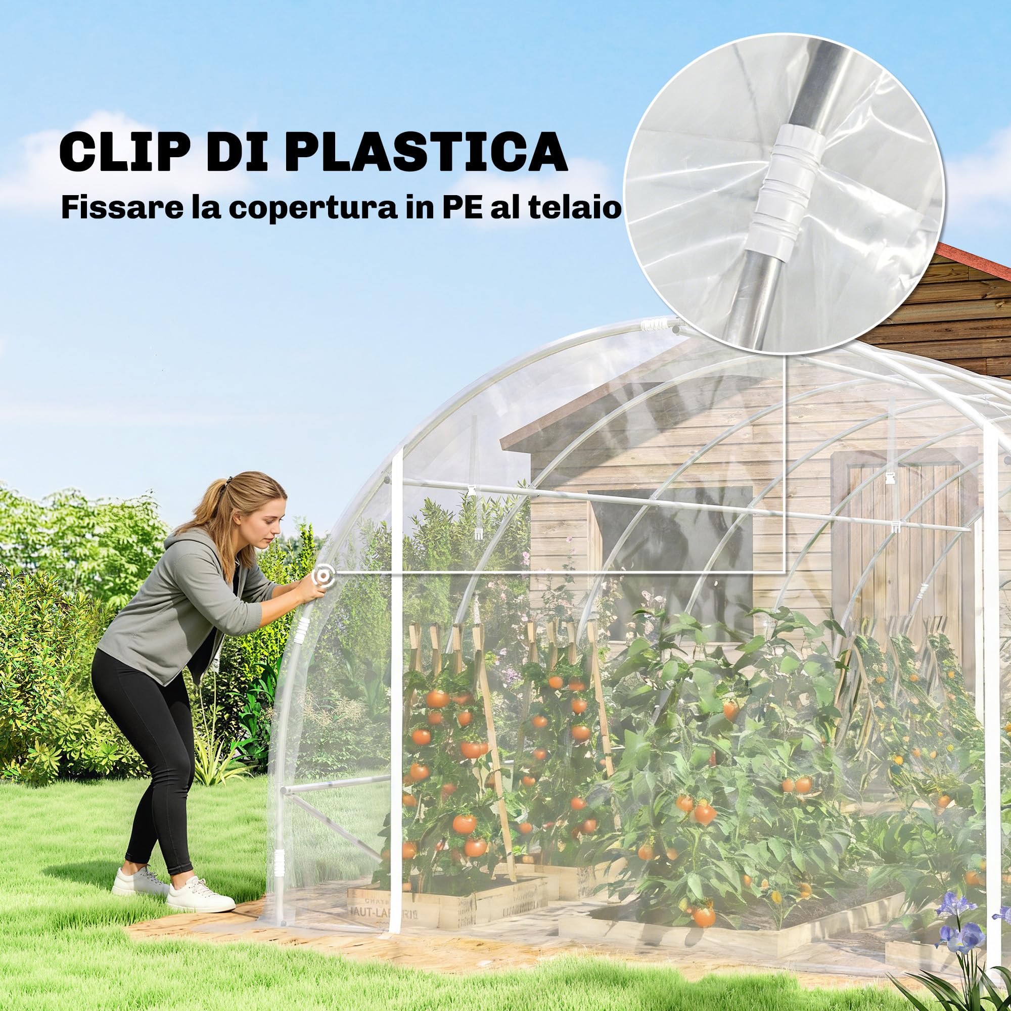 Outsunny Serra da Giardino a Tunnel 3x6x2 m con 2 Porte Avvolgibili, Serra per Orto con 4 Rinforzi Diagonali, Struttura in Acciaio e Copertura PE, per Orto Verdure Fiori Frutta, Anti UV, Trasparente