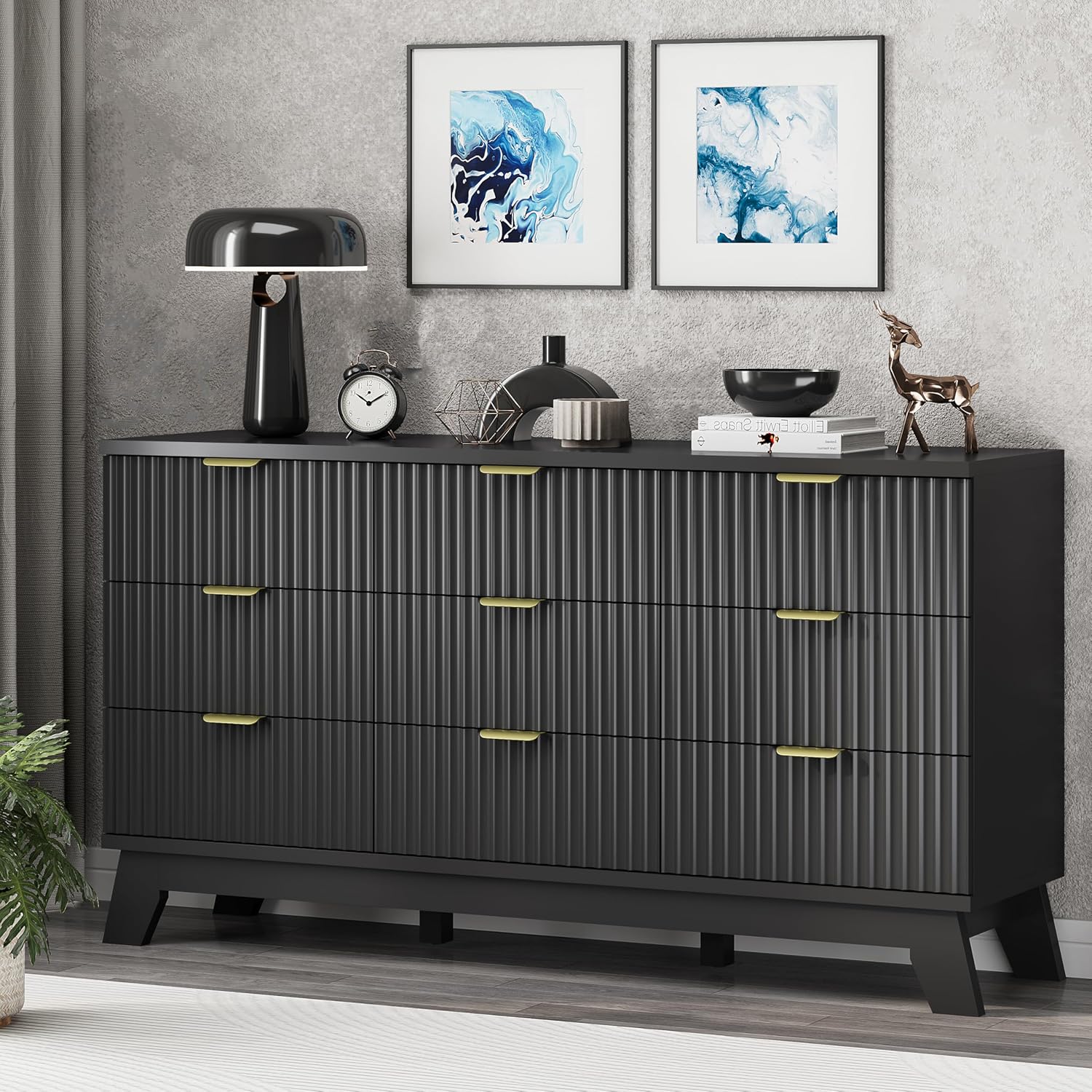 Fluted Dresser for Bedroom with 9 Drawers, 57" Wide Chest of Drawers with Metal Handle, Modern Wood Dresser TV Stand, Wooden Closet Clothes Storage Organizer for Living Room, Hallway, Black - Image 4