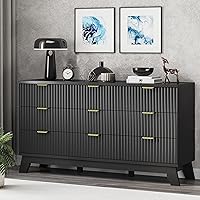Vista 4 de Cómoda acanalada para dormitorio con 9 cajones, cómoda ancha de 57" con mango de metal, cómoda moderna de madera soporte de TV, organizador