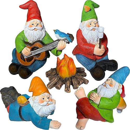 Mood Lab Gnomos de jardín en miniatura – Kit de gnomos de camping de 5 piezas – Juego de figuras y accesorios – Decoración para exteriores o casa
