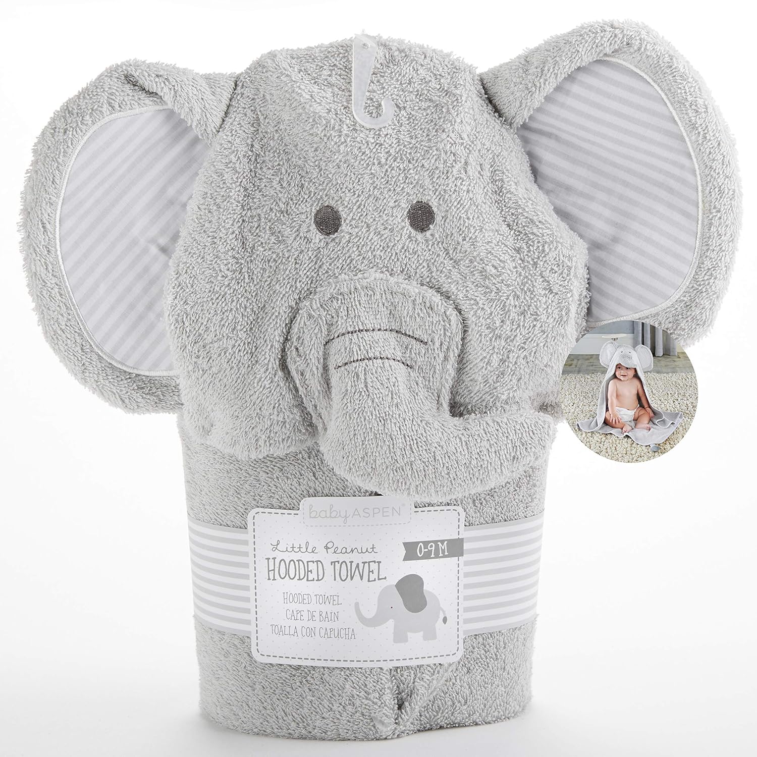 Baby Aspen Little Peanut Elephant Hooded Spa Towel, Grey/White
