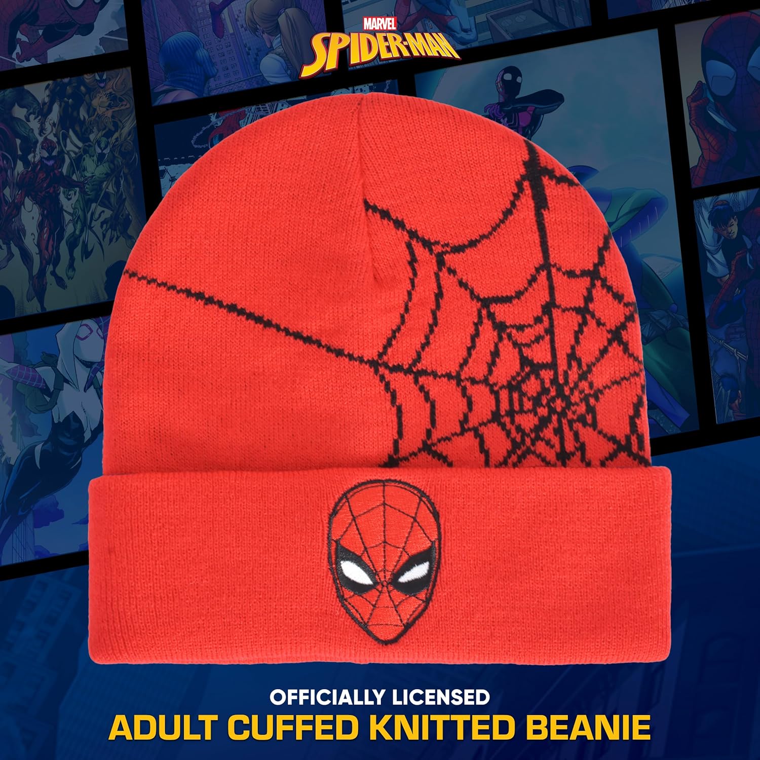 Marvel Spider-Man Beanie Hat, Web Design Winter Knit Cap with Cuff, Red, One Size - Image 2