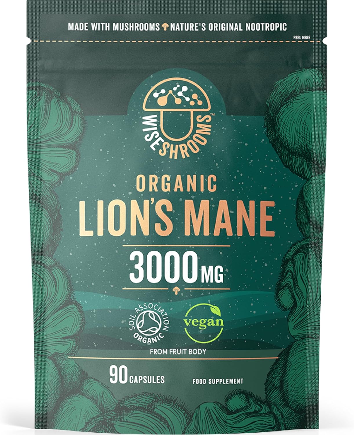 Organic Lions Mane Supplement 3000mg | High Strength Polysaccharides | Mushroom Extract Capsules | Vegan | 90 Count | by Wiseshrooms
