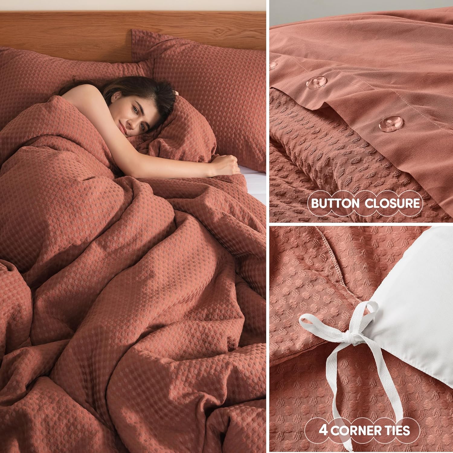 Comfort Spaces Burnt Orange Queen Duvet Cover Set - 2 Pieces Breathable Dotted Weave Texture Duvet Sets, Modern Farmhouse Boho Duvet Cover & Sham, All Season Microfiber Queen Bed Set, Full/Queen