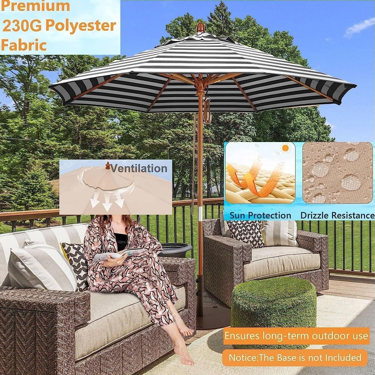 XYNSNDB Parasol Parasol ogrodowy Parasol rynkowy Paski Parasol zewnętrzny Wentylowany parasol plażowy Regulowany Radian Drewniany parasol tarasowy do ogrodu przy basenie Parasol zewnętrzny Parasol