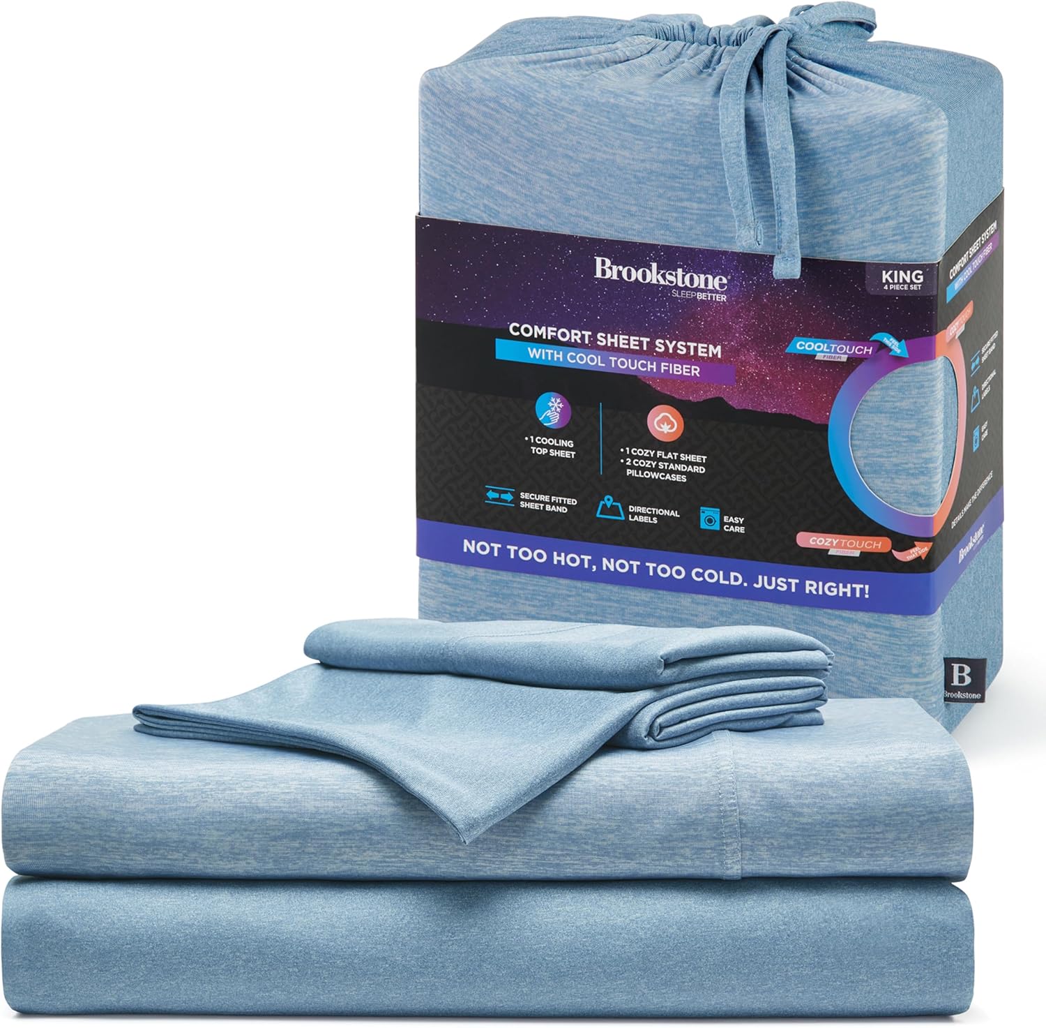 Brookstone Comfort King Sheet Set - Innovative Cooling Sheets for Hot Sleepers - Deep Sleep with Temperature Regulation - 4-Piece Set of Soft Flat, Fitted Sheet, & Two Pillowcases - Faded Denim