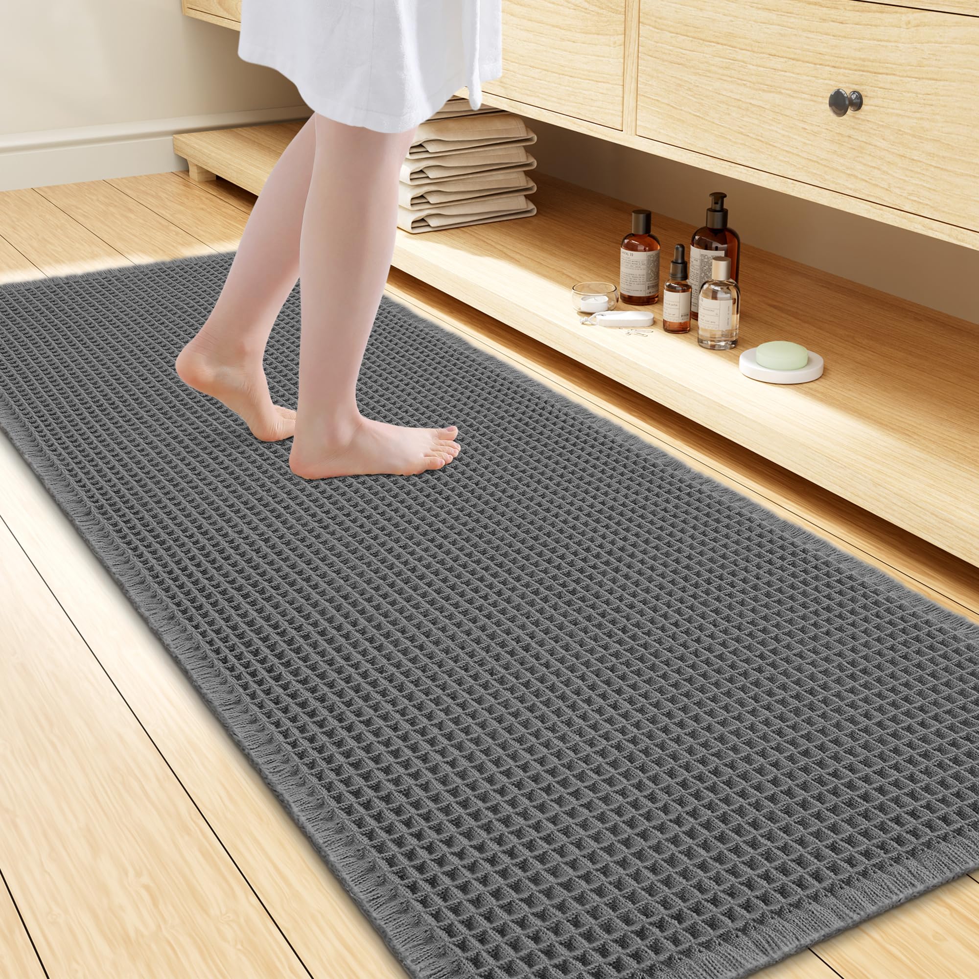 Homaxy Waffle Bath Mat Non Slip Boho Bathroom Mat - 60x150 cm, Dark Grey
