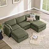 Oversized Modular Cloud Sectional Fabric Sofa Set, FSC Certified U Shaped Couch Reversible Chaise Modular Sectional,112 inch Width,5 Seat Modular Sofa Includes 2 Storage Ottomans, Moss Green