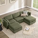 Oversized Modular Cloud Sectional Fabric Sofa Set&comma; FSC Certified U Shaped Couch Reversible Chaise Modular Sectional&comma;112 inch Width&comma;5 Seat Modular Sofa Includes 2 Storage Ottomans&comma; Moss Green
