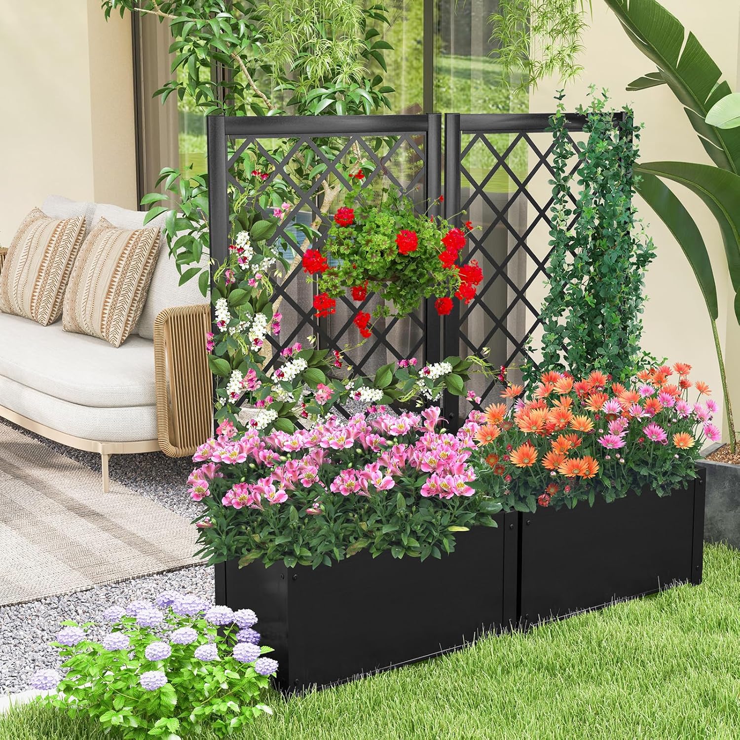 HAPPYGRILL 2 Raised Garden Bed with Trellis, 44” Metal Elevated Garden Box for Climbing Plants Vine, Outdoor Planter Box for Yard, Garden, Balcony