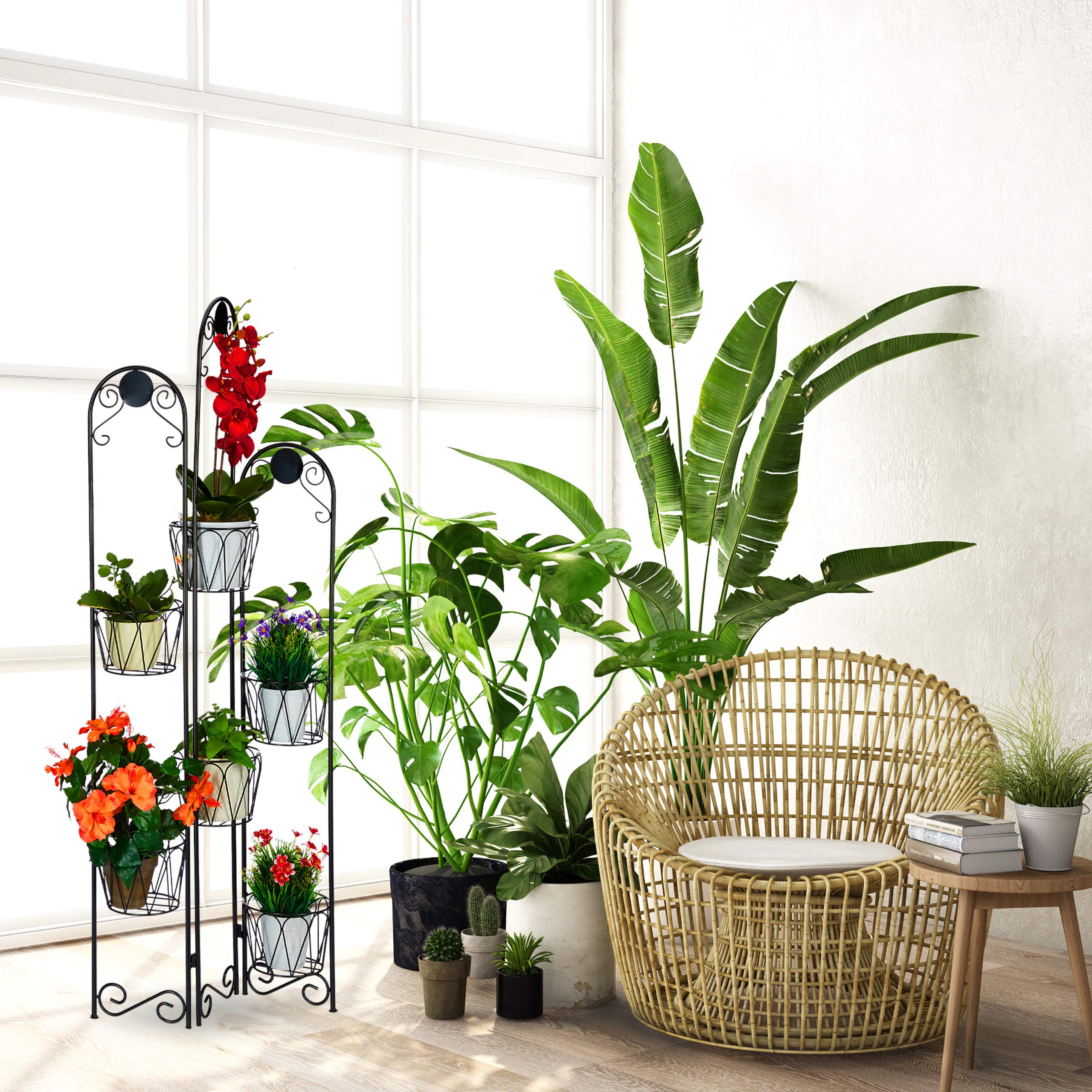 Relaxdays Supporto Metallico per Piante, Portavasi a Paravento, 6 Ripiani, per Interni ed Esterni, H: 140 cm, Nero