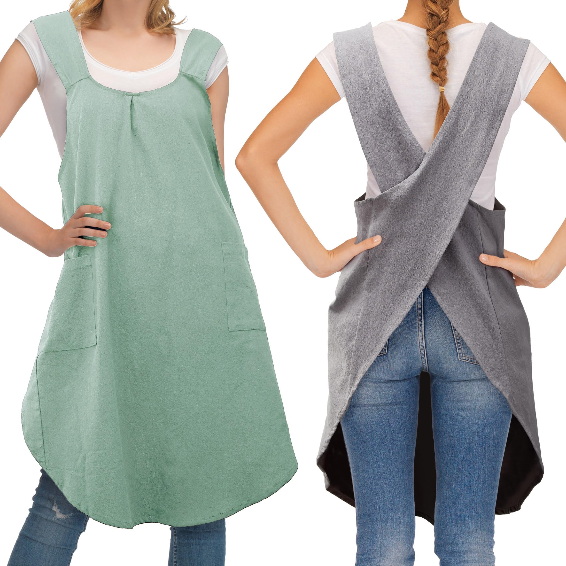 JaGely 2 Pack Japanese Linen Cross Back Kitchen Cooking Aprons for Women Men with 2 Pockets Cute Gardening Dress