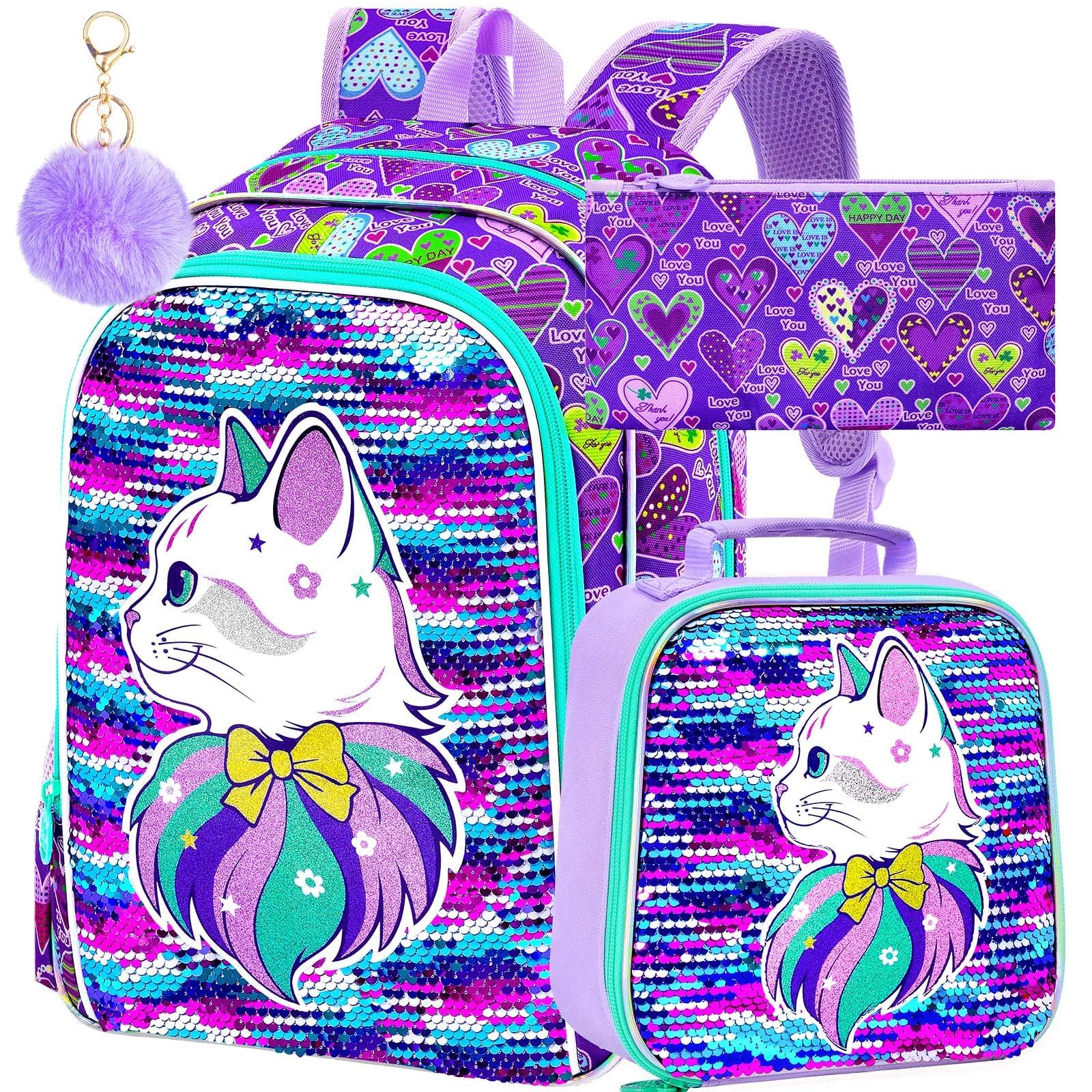CCJPX 16" Cat Backpack for Girls, 3Pcs Kids Sequin Bookbag with Lunch Box, Water Resistant Elementary School Bag for Kindergarten Preschool Toddler (Purple)