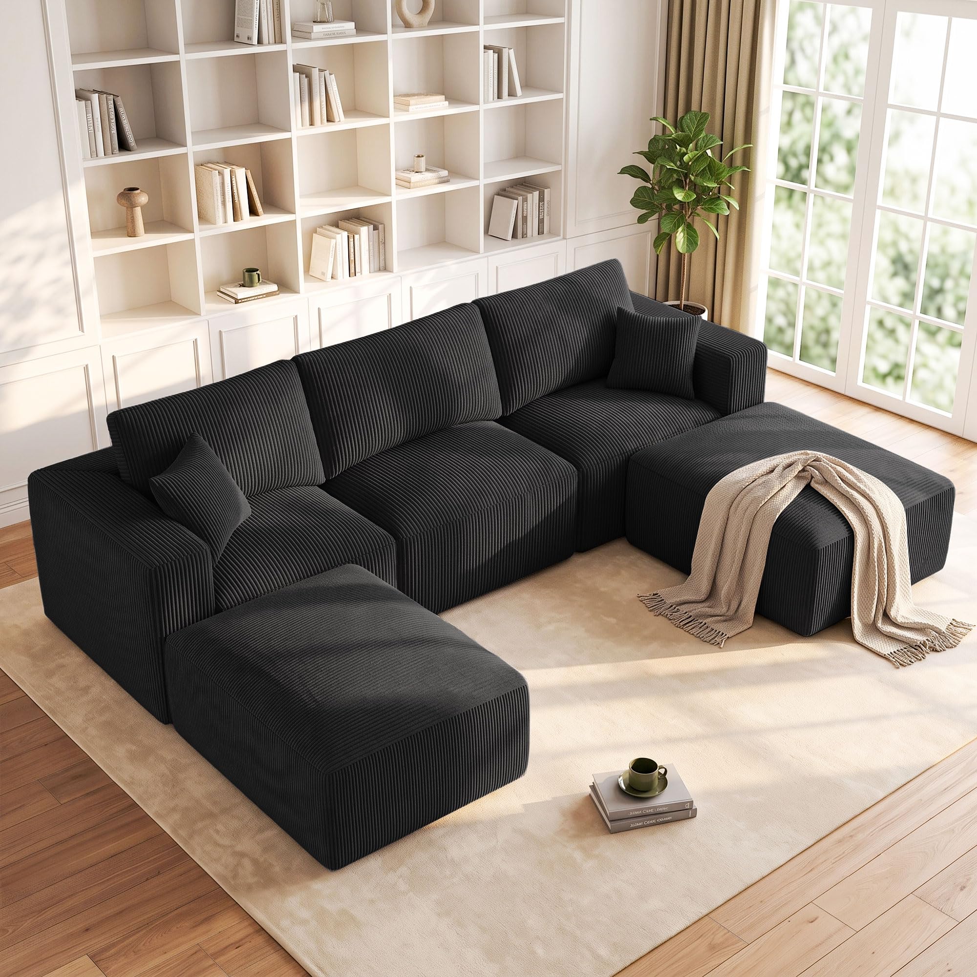 Living&Giving（WALKBON） Living&Giving Boneless Couch Sectional Couch for Living Room, 113" Large Capacity Adjustable U-Shaped Modular Sofa, No Assembly Soft Corduroy Sofa Set for Bedroom, Playroom (Black)