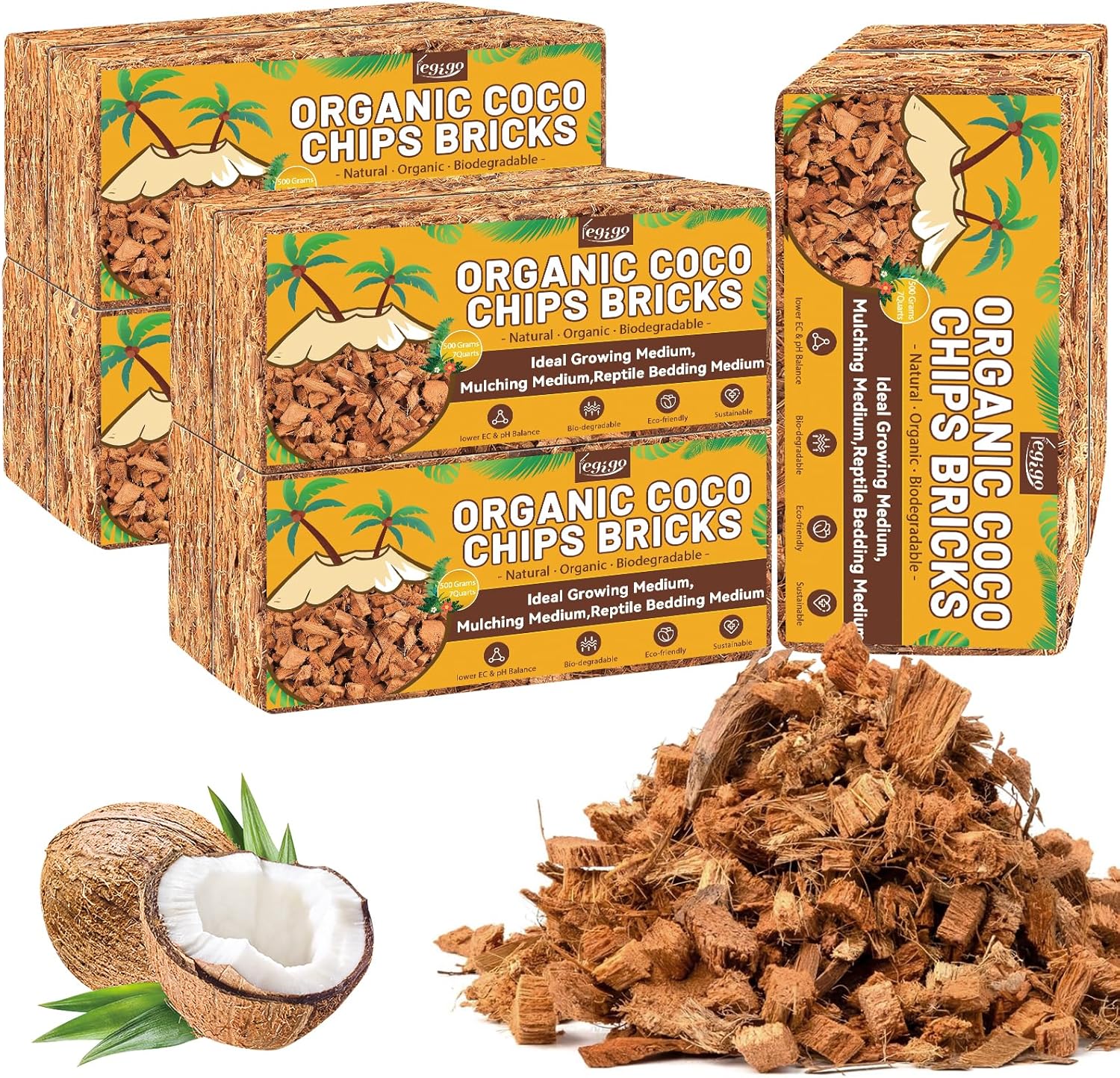 Legigo 10 Pack Coco Coir Chips for Plants- 11 LB 100% Organic Coconut Chips Brick Potting Mix with Low EC & PH Balance, Coconut Husk Substrate Coco Husk Mulch for Garden, Planting, Orchid and Soil Mix