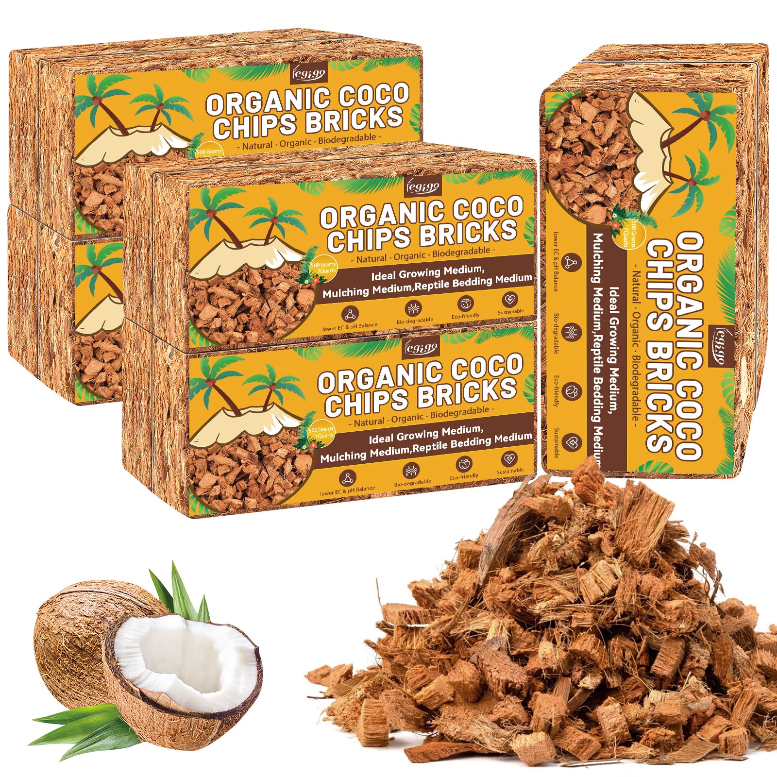 Legigo 10 Pack Coco Coir Chips for Plants- 11 LB 100% Organic Coconut Chips Brick Potting Mix with Low EC & PH Balance, Coconut Husk Substrate Coco