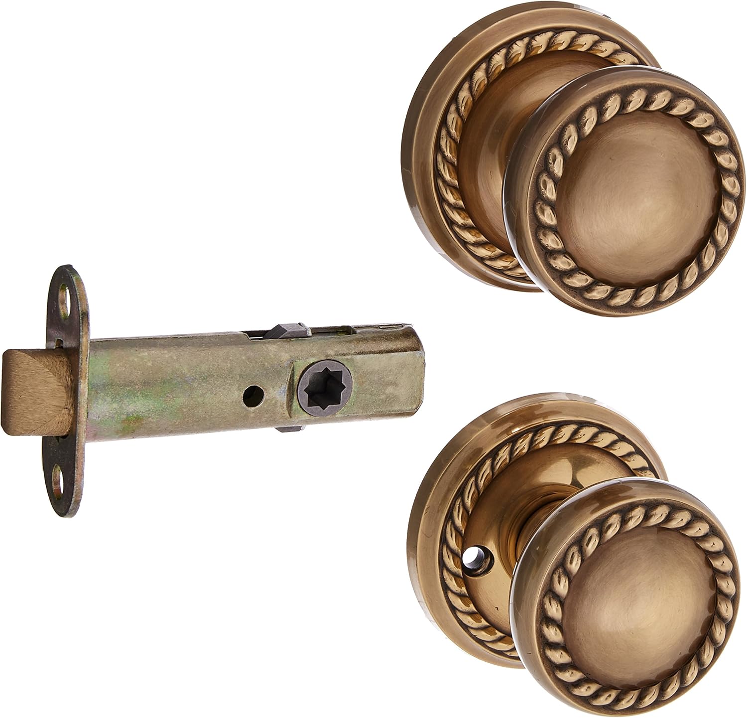 Classic Rope Rosette Set with Matching Rope Door Knobs Privacy in Antique Brass. Doorsets.