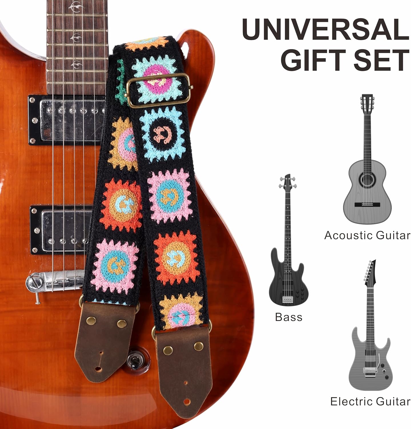 Nefelibata Guitar Strap,Jacquard Embroidery Cotton Guitar Straps with Crazy Horse Leather Ends for Bass, Electric & Acoustic, Best Gifts for Kids, Guitarists(Smiling Black Embroidery)