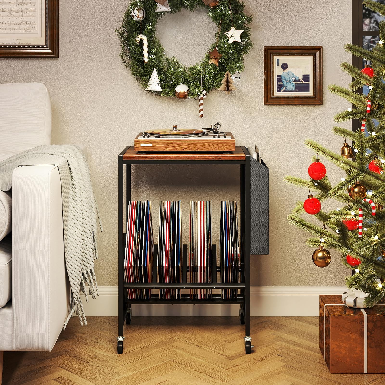 GIANTEX Meuble Vinyle à roulettes avec Poche Latérale, Meuble Vinyle Rangement pour 100 Albums CDs, Cadre en Métal, Support pour Tourne-Disques pour Salon, Salle de Musique (Marron)
