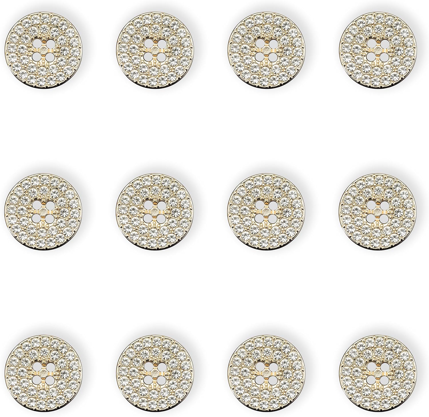 12-Pack Round 4-Hole Full Rhinestone Buttons Shiny Back, Crystal-Front Design for Clothing & Crafts Button for Coat Dress (Gold, 23mm(36L))
