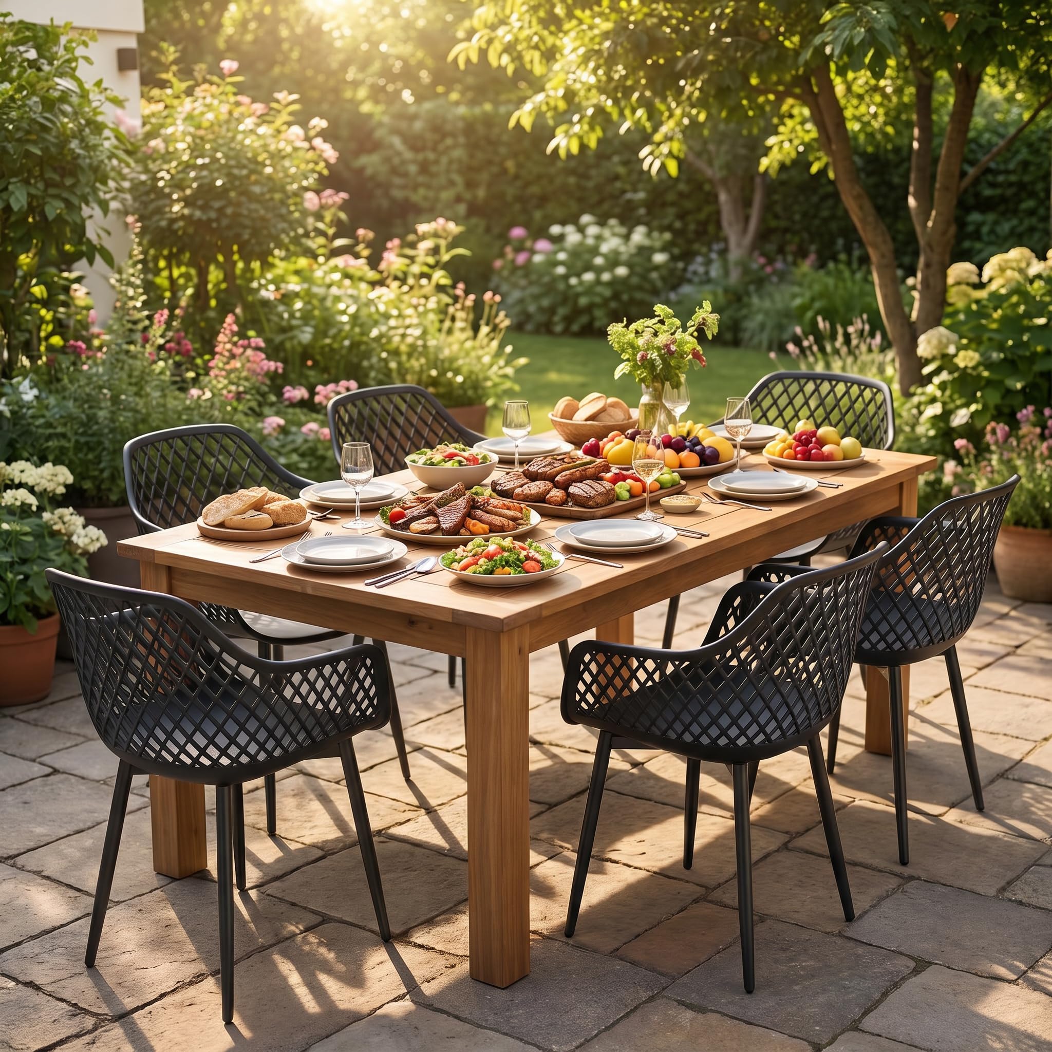 Set 6 Sedia Giardino Esterno PP Metallo Braccioli 120 kg Nero