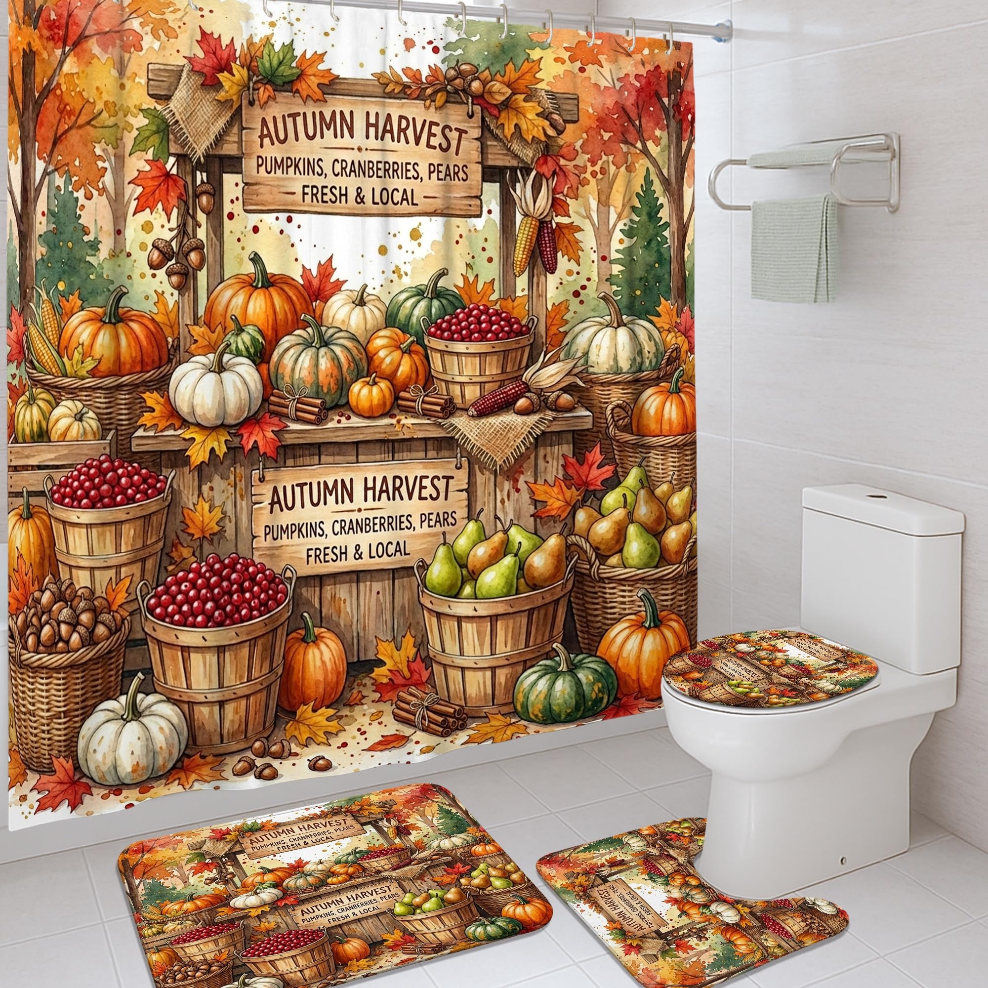 Rideau de douche citrouilles d'automne avec tapis pour créer une ambiance chaleureuse maison