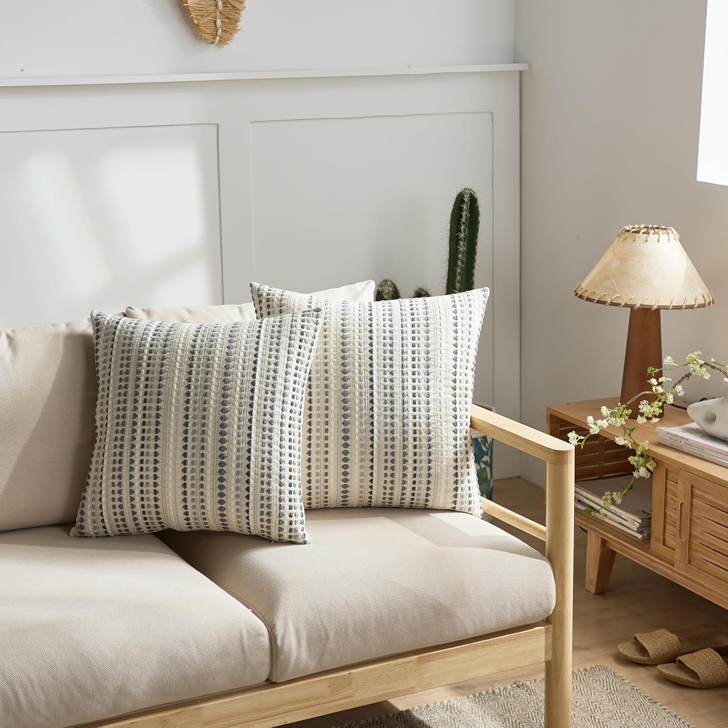 Boho Throw Pillow Covers 18x18 Inch Set of 2 Striped Chenille Farmhouse Decorative Cushion Covers for Sofa Couch Bed Living Room Farmhouse Decor (Grey, 18" x 18" (Pack of 2))