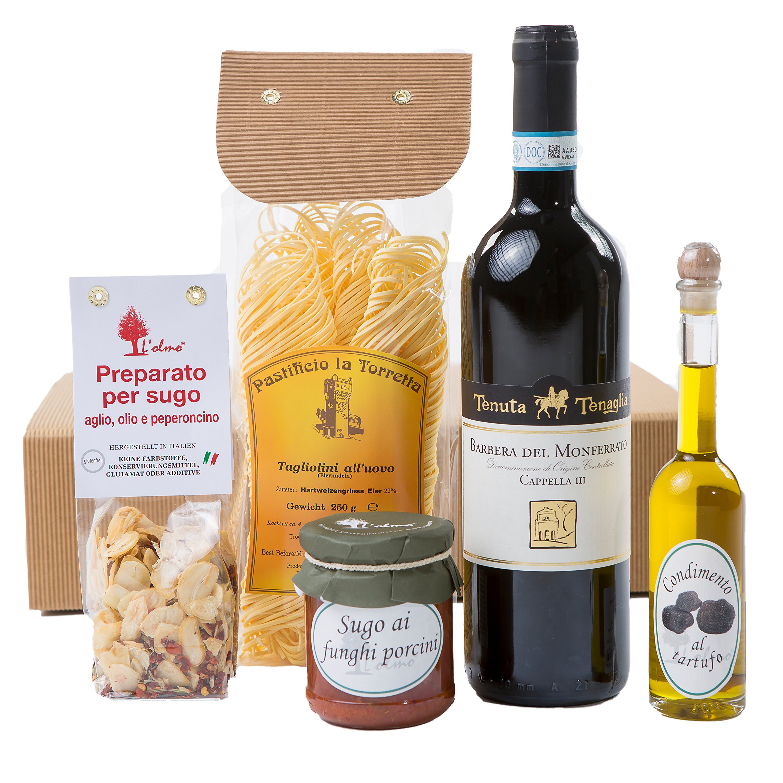 Geschenk-Set Präsentkorb%22Tavola Italiano%22 mit Piemonteser Feinkost und Chianti & Präsentkorb „Genussreise Piemont“ mit italienischen Spezialitäten: Piemonteser Feinkost und Barbera
