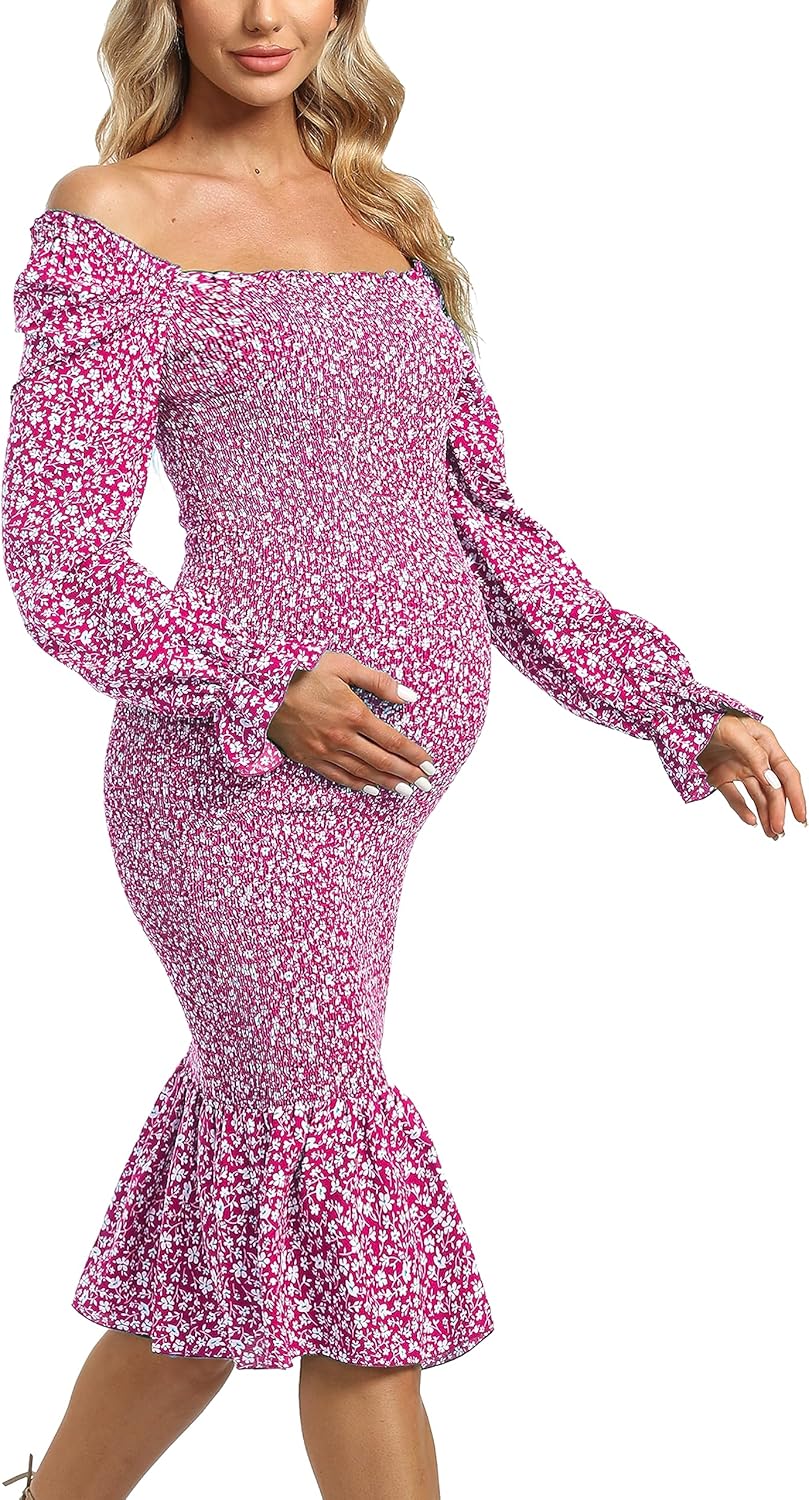 Long Sleeve Puff Maternity Dress Bodycon Ruffe Hem Square Neck Mermaid Baby Shower Dress