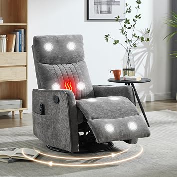 Manual Swivel Rocker Recliner Chair for Adults, Overstuffed Reclining Glider Chair for Nursing with Vibration Massage & Heat, Living Room Rocking Recliner 2-Stage backrest, Chenille Fabric Dark Gray