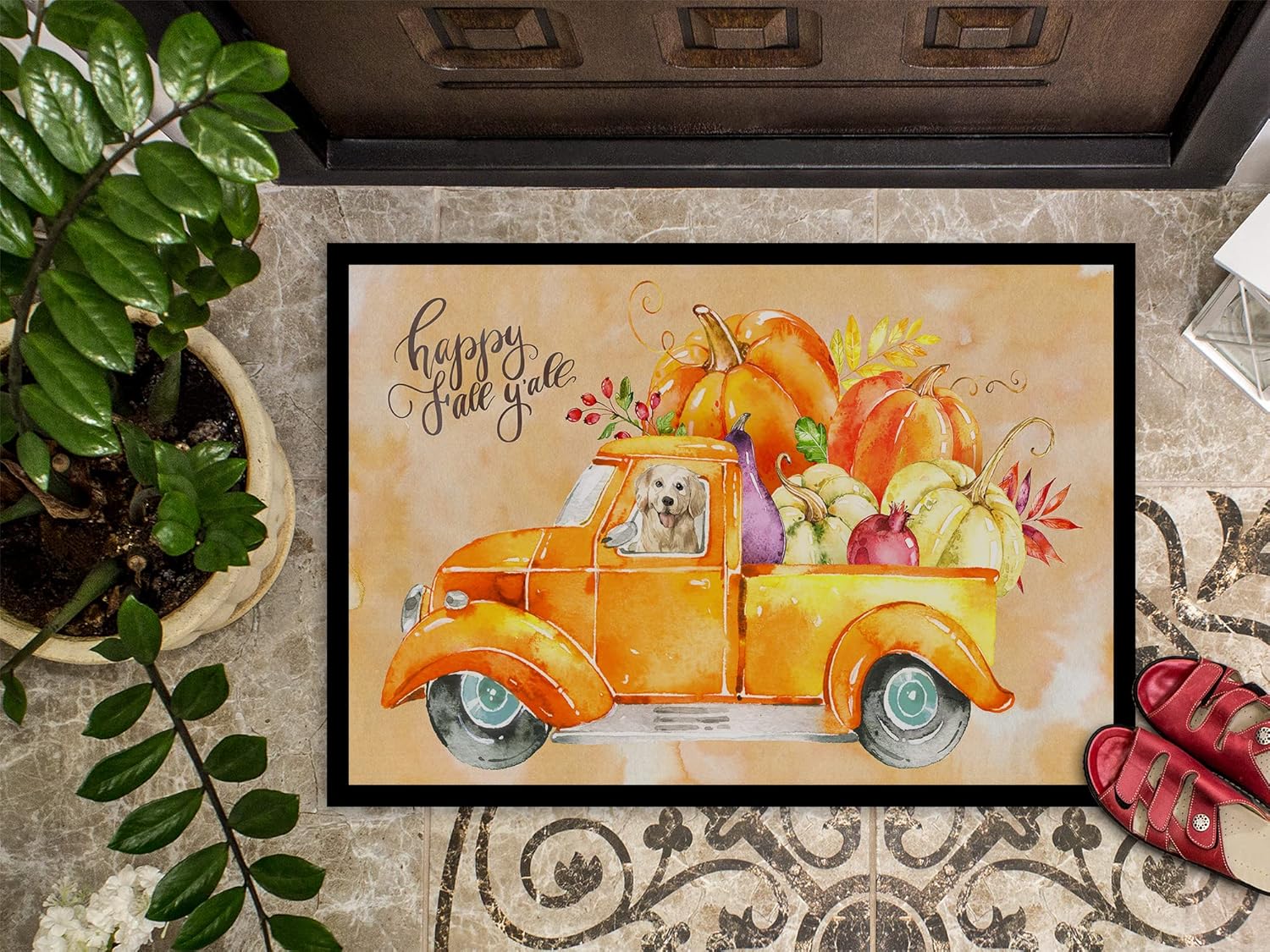Caroline's Treasures CK2619MAT Fall Harvest Golden Retriever Doormat 18x27 Front Door Mat Indoor Outdoor Rugs for Entryway, Non Slip Washable Low Pile, 18H X 27W