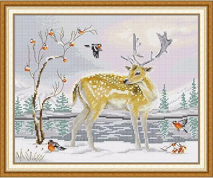 ITSTITCH Stamped Cross Stitch Kits - Full Range of Embroidery Patterns for Beginners or Adults,14 CT 2 Strands DIY Counted Needlepoint Arts Craft-Deer and Birds 13.711.8 inch