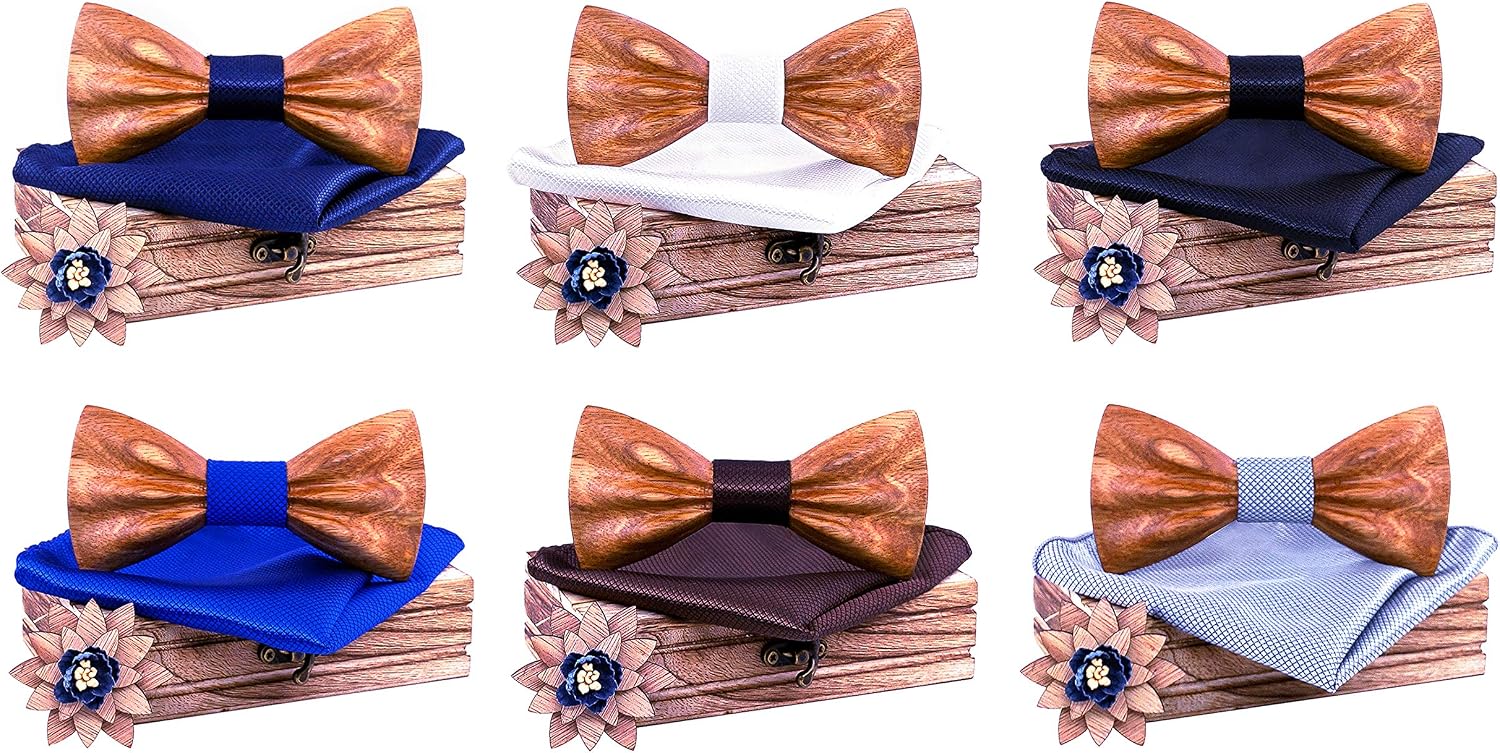 Mens Handmade Natural Wood 3D Design Bow Tie with Pocket Square and Men's Wooden Lapel Flower Boutonniere Set