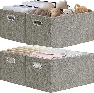 Posprica Closet Storage Bins, 4 Pack Closet Shelf Organizers, Linen Fabric Decorative Storage Baskets for Organizing, Foldable Storage Box for Clothes, 15x10.5x8.25 Inch-Coffee