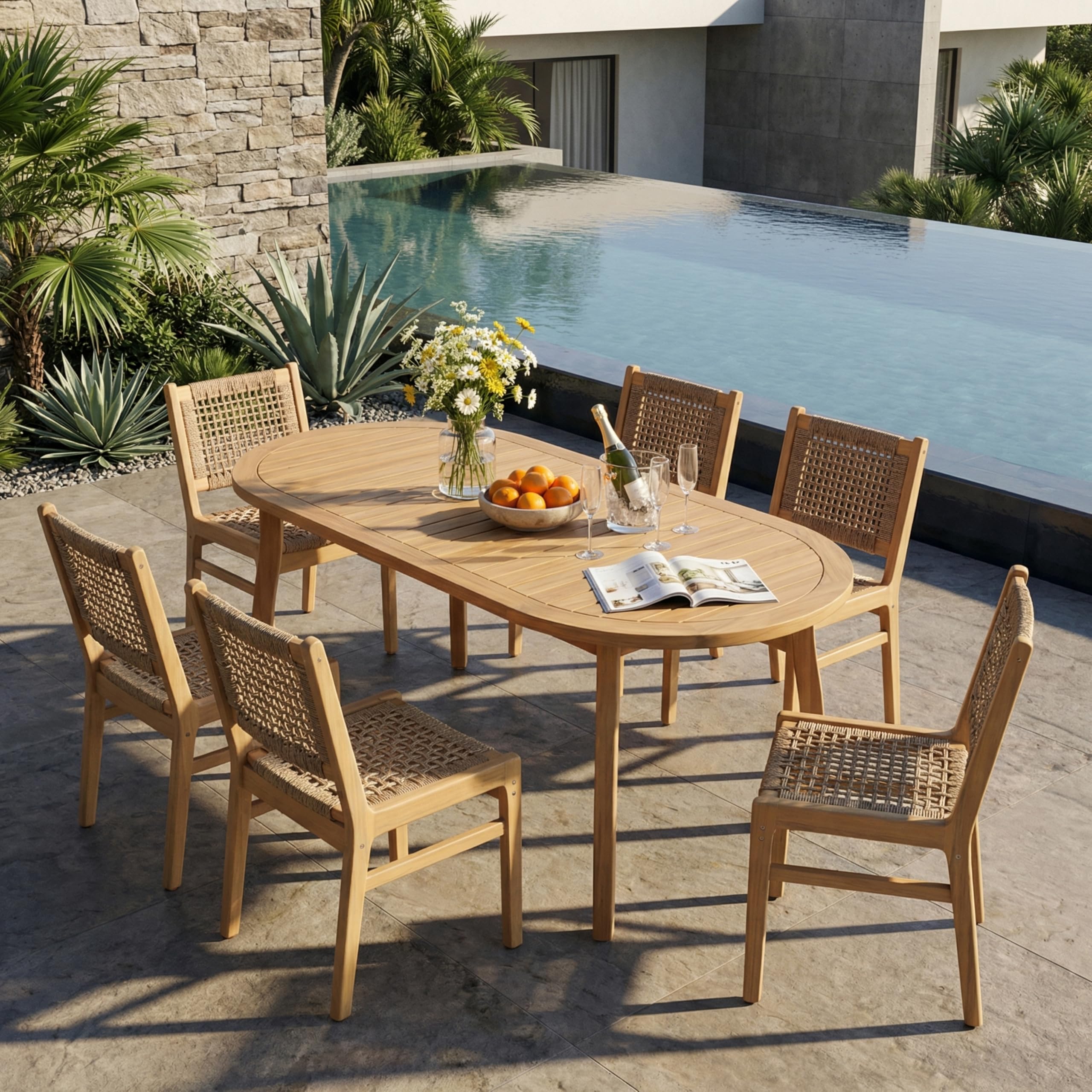 Photo 1 of (just table)
Christopher Knight Home Chuse Acacia Wood Dining Table Set for 6, Solid Wood Outdoor Dining Set for 6, 7 Piece Oval Patio Dining Table and Chair Set with Wicker Seat & Back, Light Brown + Light Teak