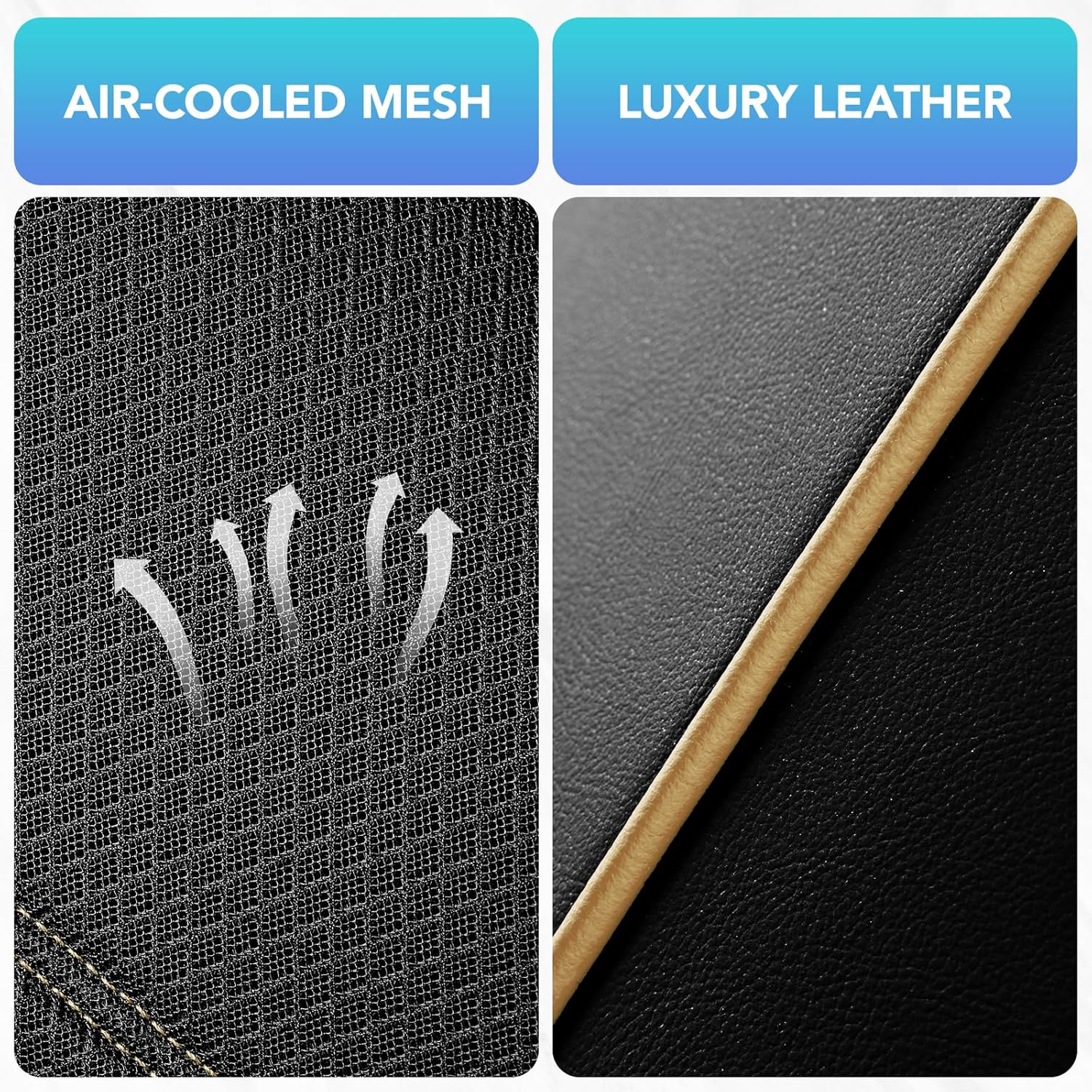 Road Comforts Car Seat Covers, Leather Front Seat Covers with Piping, Air-Cool Mesh Designed, Airbag Compatible Automotive Seat Covers for Most Car, Truck, Van, SUV - Black with Beige Piping