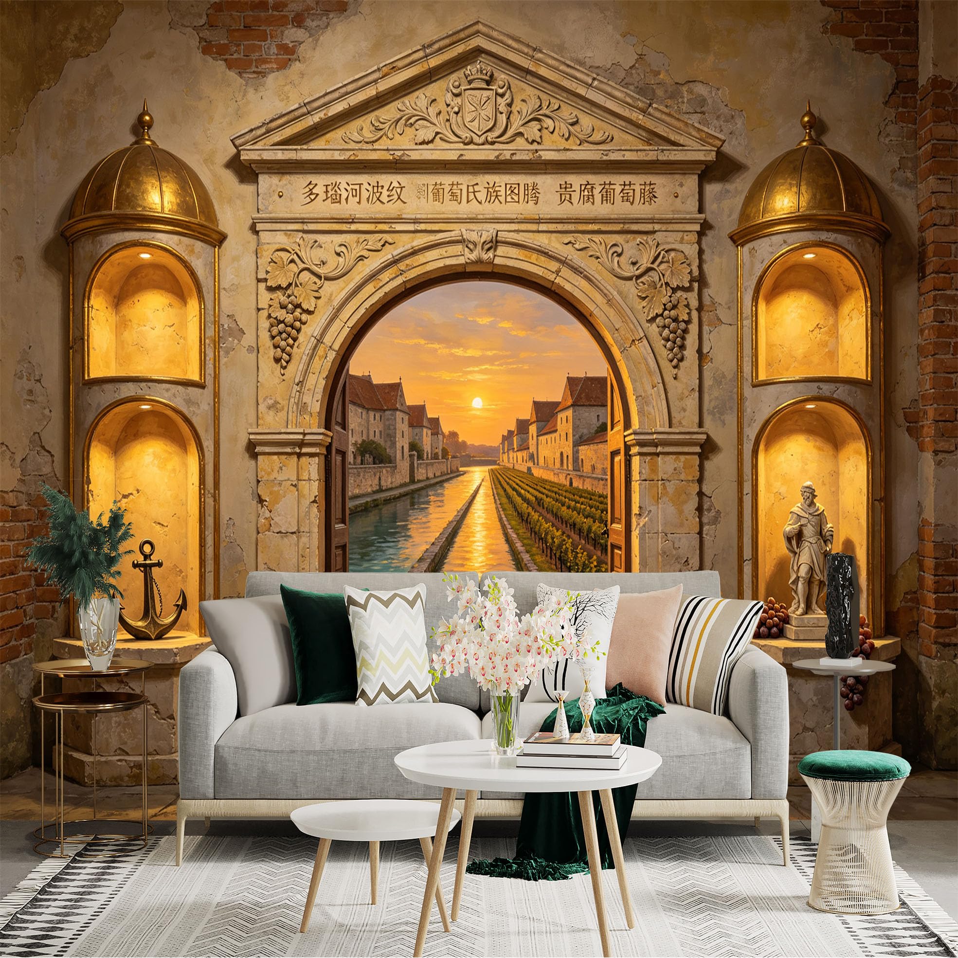 Custom Size Wall Sticker Mural， Vintage Stone Archway， Canal Sunset， Vineyard Landscape， Rustic European Village， for wall Decoration， peelandstick wall Decals.