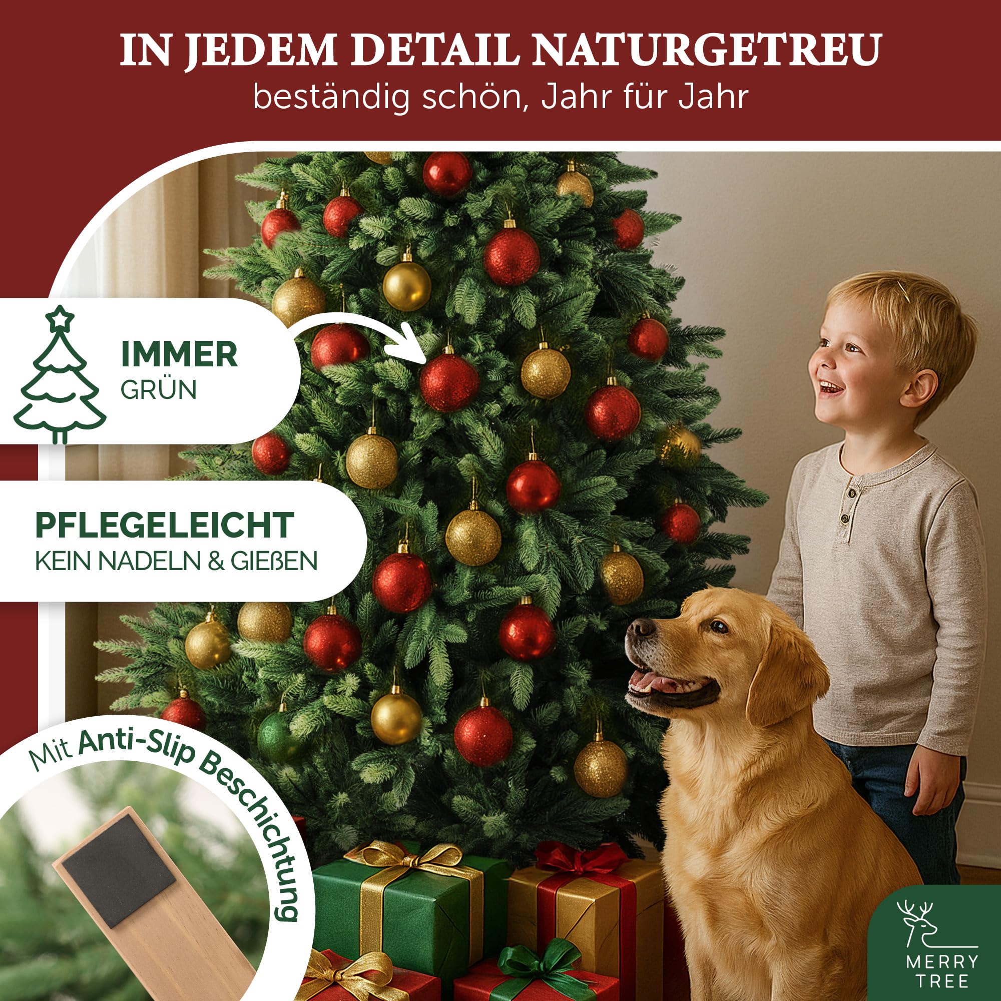 MerryTree Luxus künstlicher Weihnachtsbaum 180 cm - großer Weihnachtsbaum Spritzguss - naturgetreue PE-Nadeln + Holzfuß massiv - schwer entflammbar - Tannenbaum künstlich - Nordmanntanne