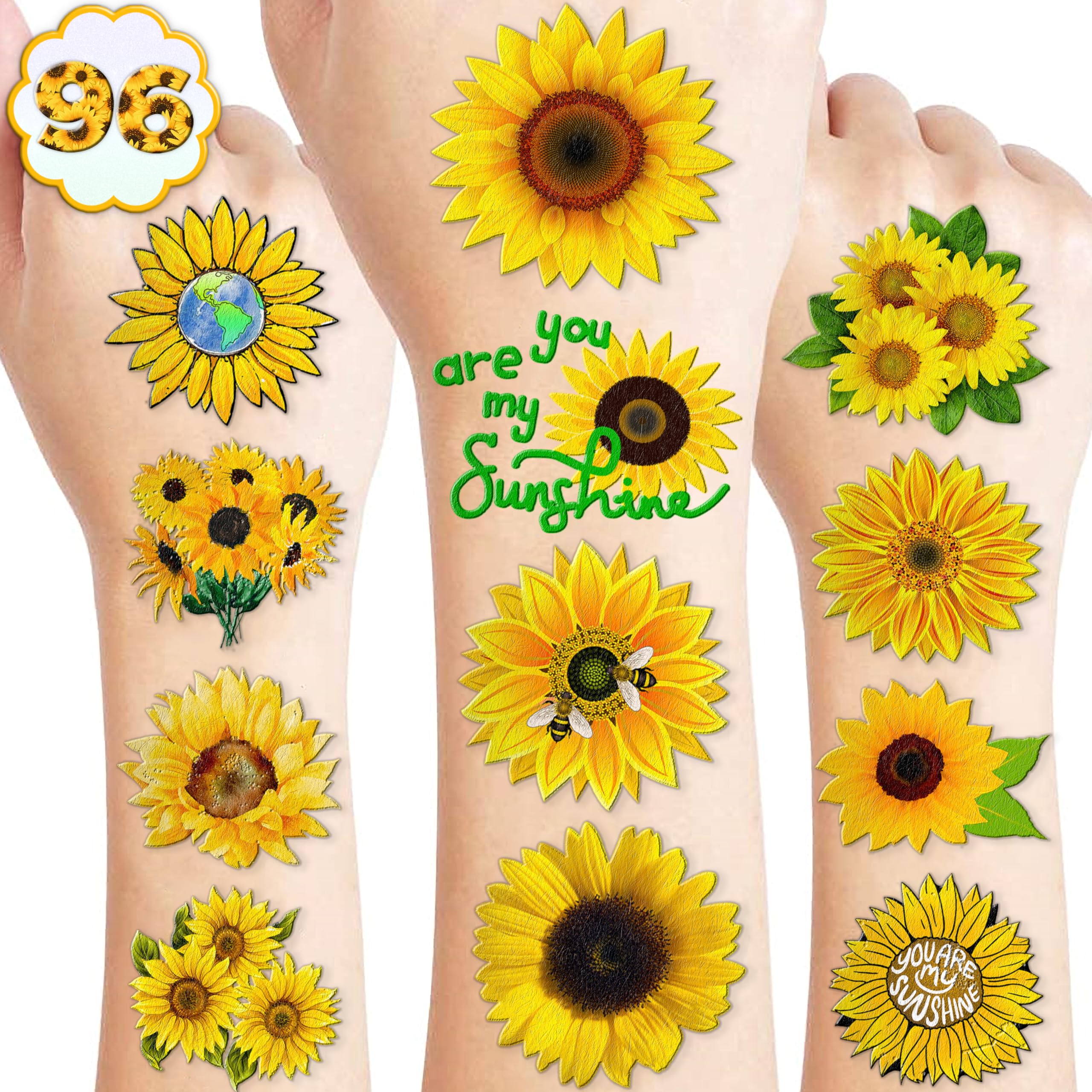 Sunflower Temporary Tattoos First Birthday Party Decorations Supplies Favors 96 PCS 8 Sheets Cute Fake Tattoo Stickers Party Games For Children Kids Boys Girls School Gifts Rewards Home Activity