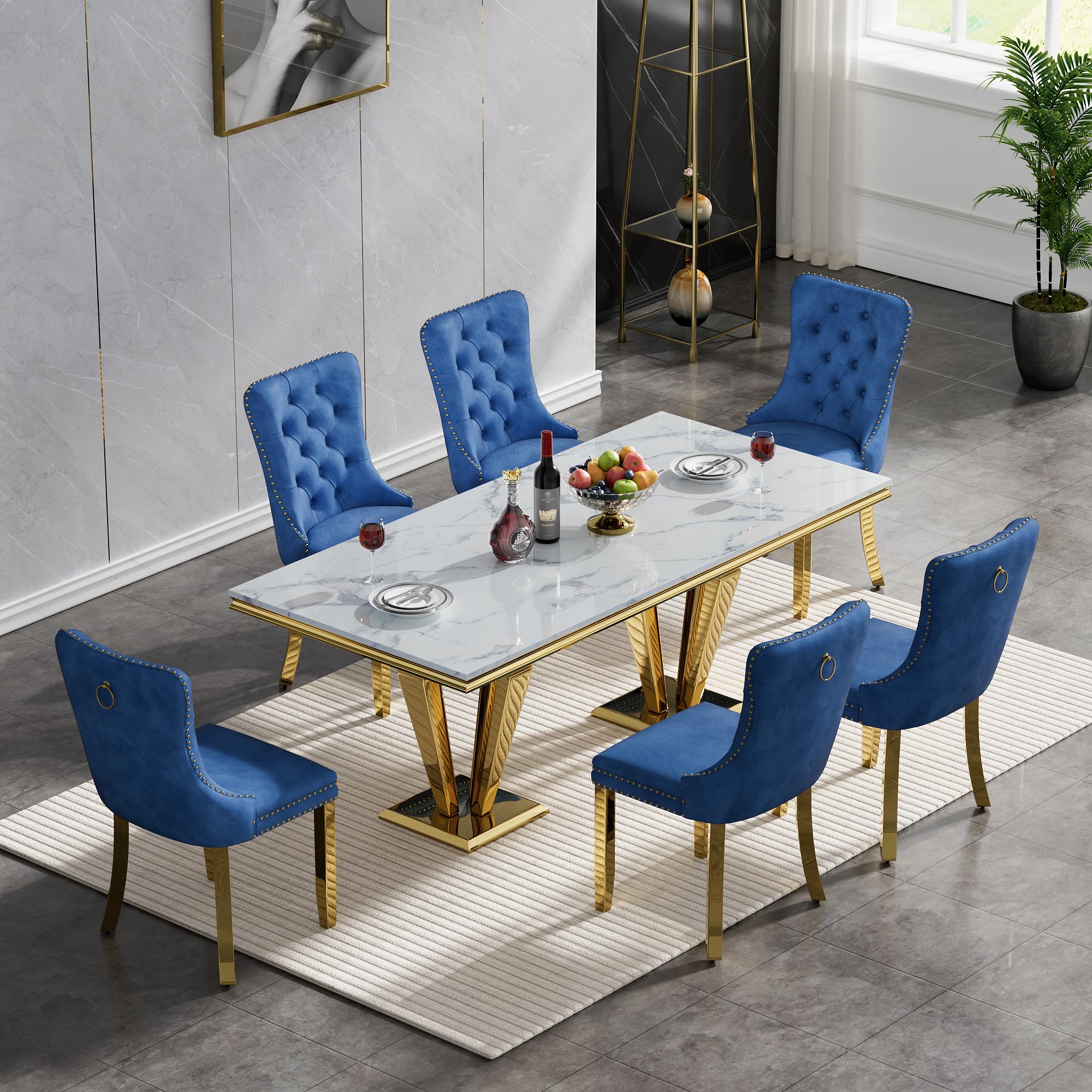 Kitchen Table Set HomVent 94.56'' Faux Marble Dining Table Set - 11 ...