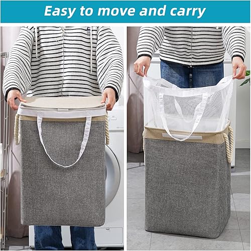 Miniatura 3 de Cesta de lavandería con tapa, cesta grande de lavandería de 72 litros con asa interior extraíble, cesta de ropa con asa para ropa, juguetes, gris,